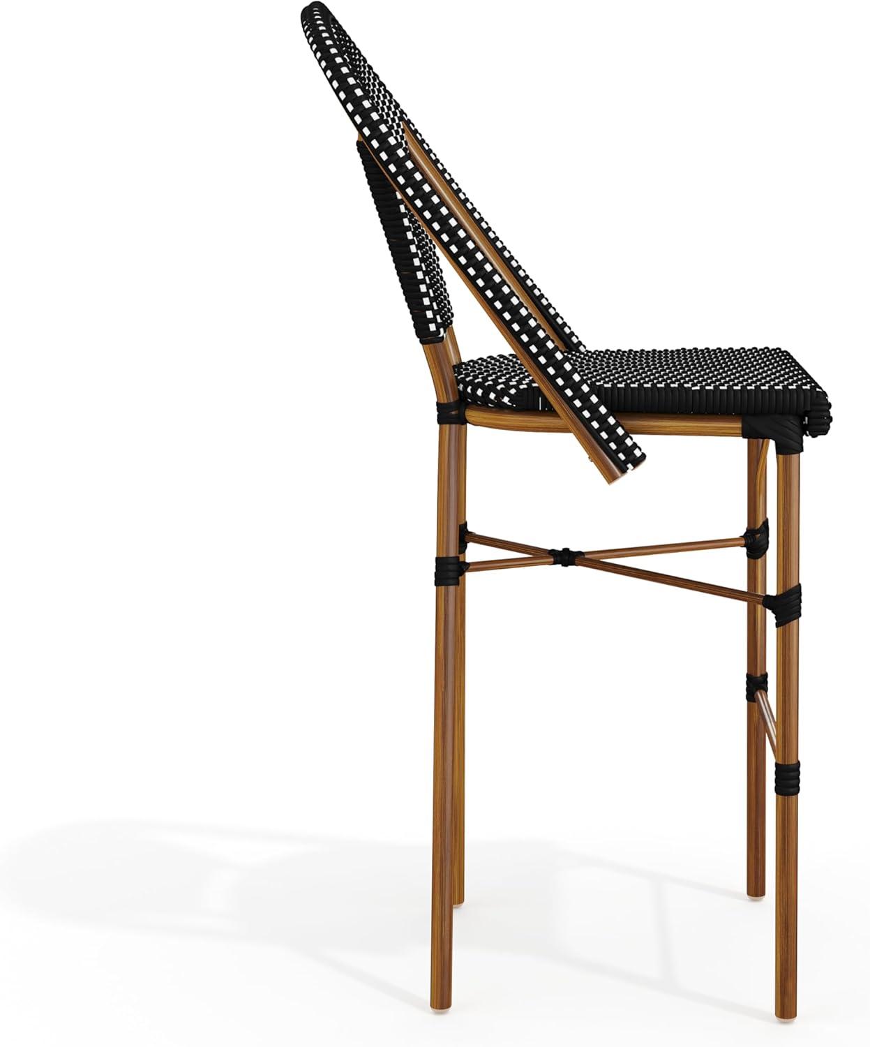 imageMartha Stewart Lily Pond IndoorOutdoor Stackable Bar Stools with Natural Woodgrain Aluminum Frame Finish WhiteNavy Woven Rattan Backrests and Seats Set of 2Black WhiteNatural Frame