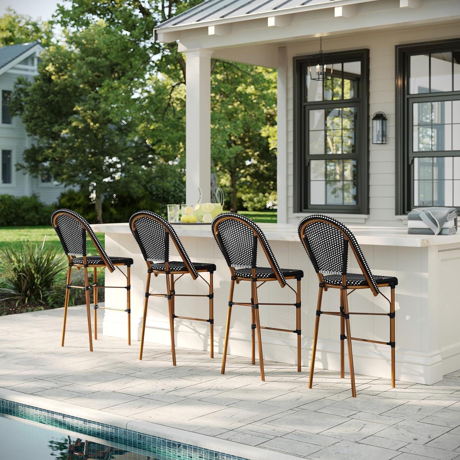 imageMartha Stewart Lily Pond IndoorOutdoor Stackable Bar Stools with Natural Woodgrain Aluminum Frame Finish WhiteNavy Woven Rattan Backrests and Seats Set of 2Black WhiteNatural Frame