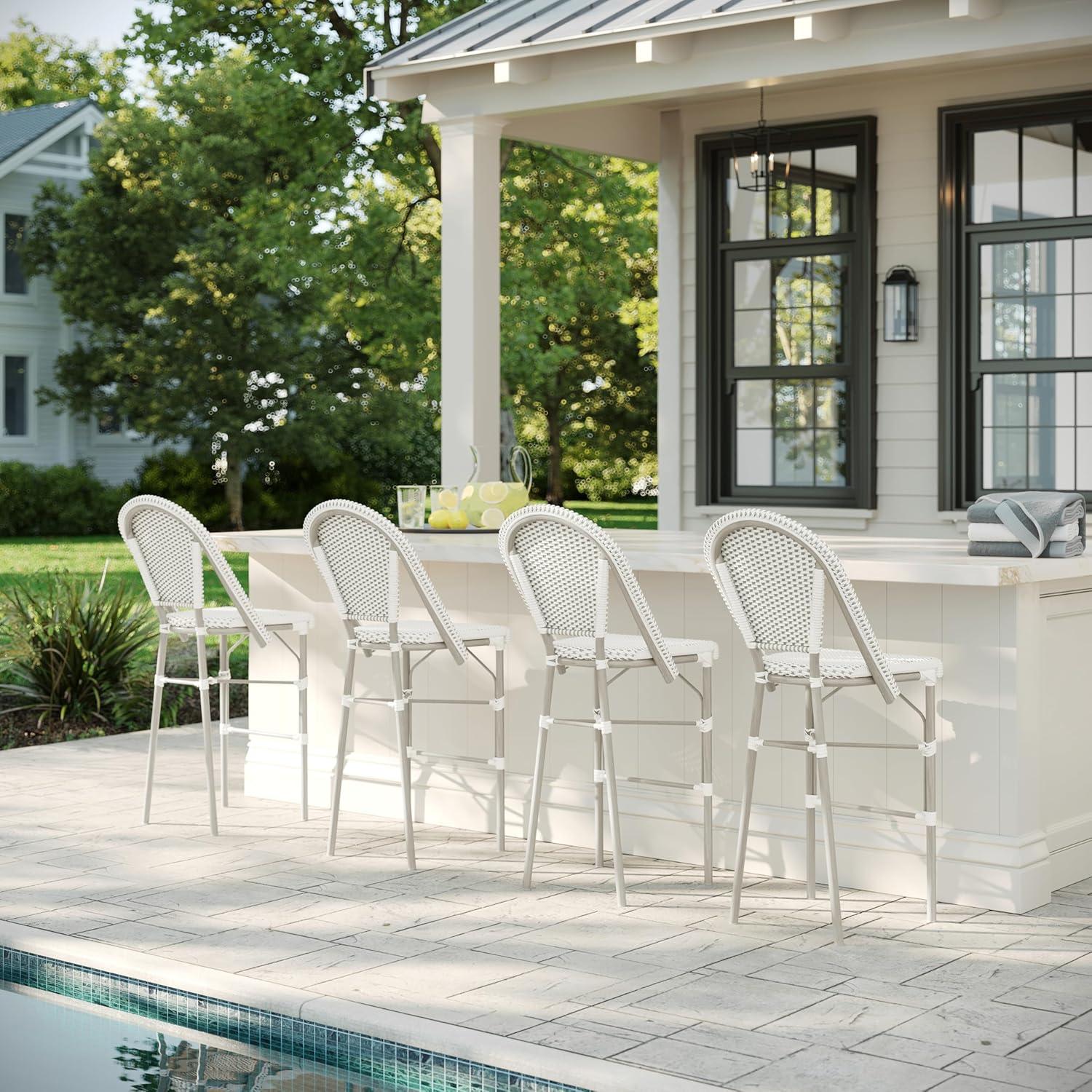 imageMartha Stewart Lily Pond IndoorOutdoor Stackable Bar Stools with Natural Woodgrain Aluminum Frame Finish WhiteNavy Woven Rattan Backrests and Seats Set of 2Gray WhiteGray Frame