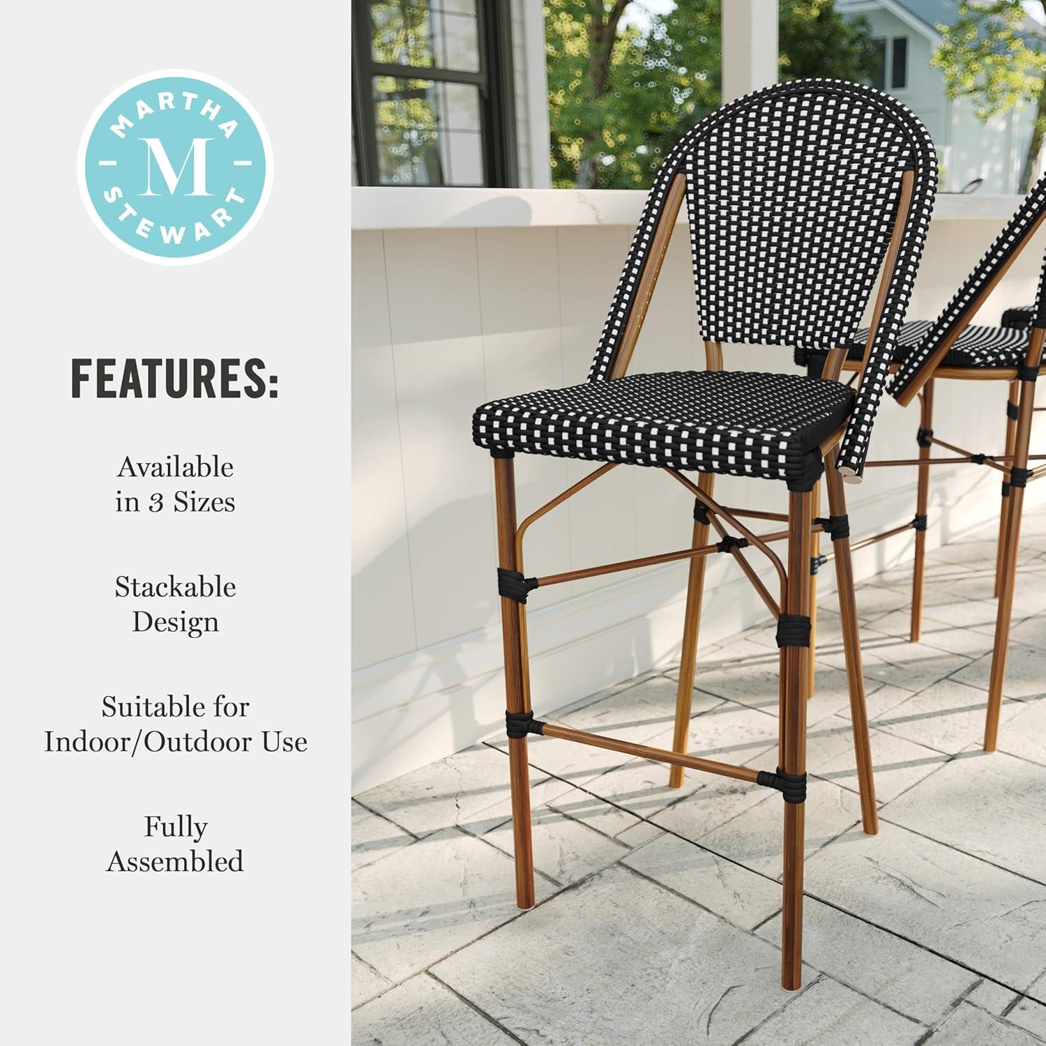 imageMartha Stewart Lily Pond IndoorOutdoor Stackable Bar Stools with Natural Woodgrain Aluminum Frame Finish WhiteNavy Woven Rattan Backrests and Seats Set of 2Black WhiteNatural Frame
