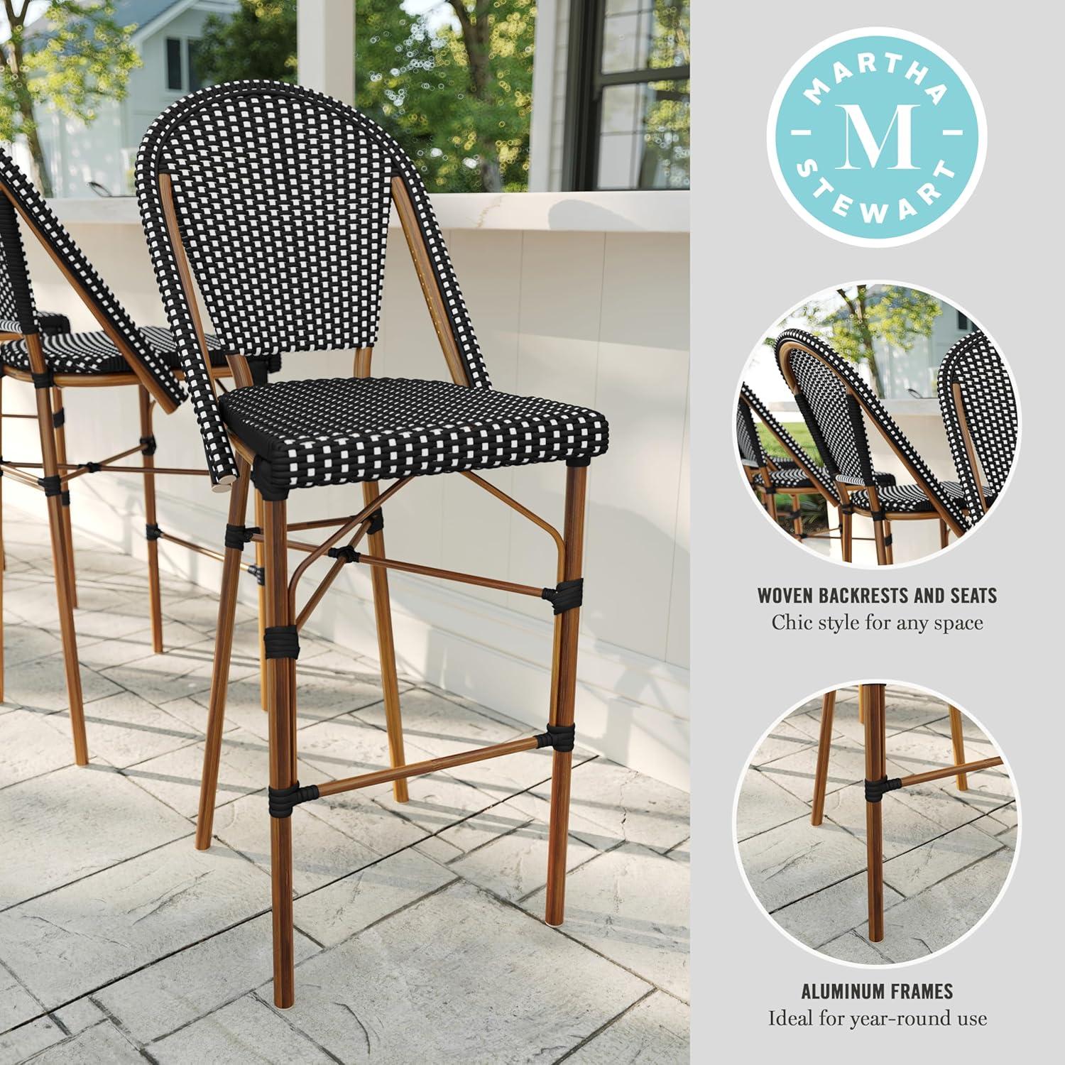 imageMartha Stewart Lily Pond IndoorOutdoor Stackable Bar Stools with Natural Woodgrain Aluminum Frame Finish WhiteNavy Woven Rattan Backrests and Seats Set of 2Black WhiteNatural Frame