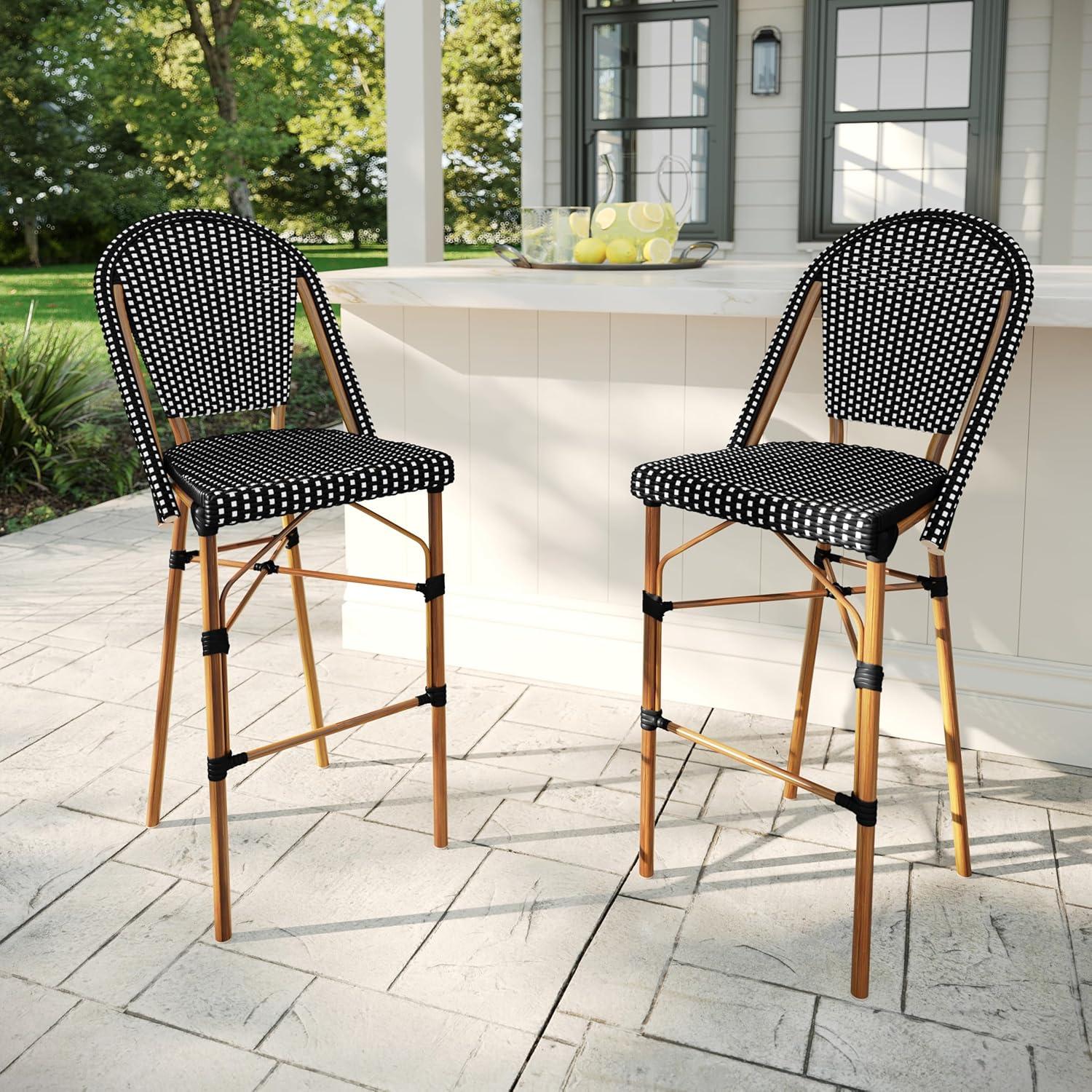 imageMartha Stewart Lily Pond IndoorOutdoor Stackable Bar Stools with Natural Woodgrain Aluminum Frame Finish WhiteNavy Woven Rattan Backrests and Seats Set of 2Black WhiteNatural Frame