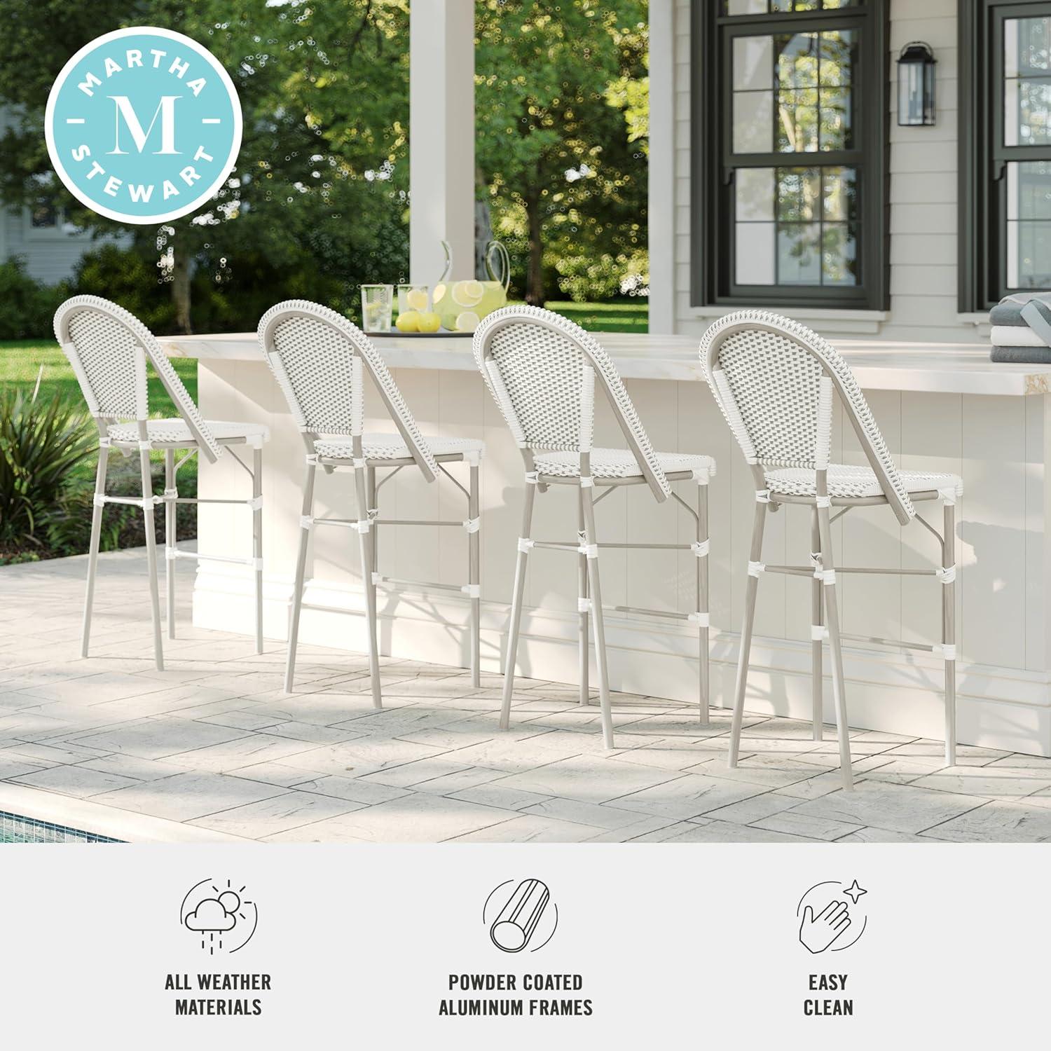 imageMartha Stewart Lily Pond IndoorOutdoor Stackable Bar Stools with Natural Woodgrain Aluminum Frame Finish WhiteNavy Woven Rattan Backrests and Seats Set of 2Gray WhiteGray Frame