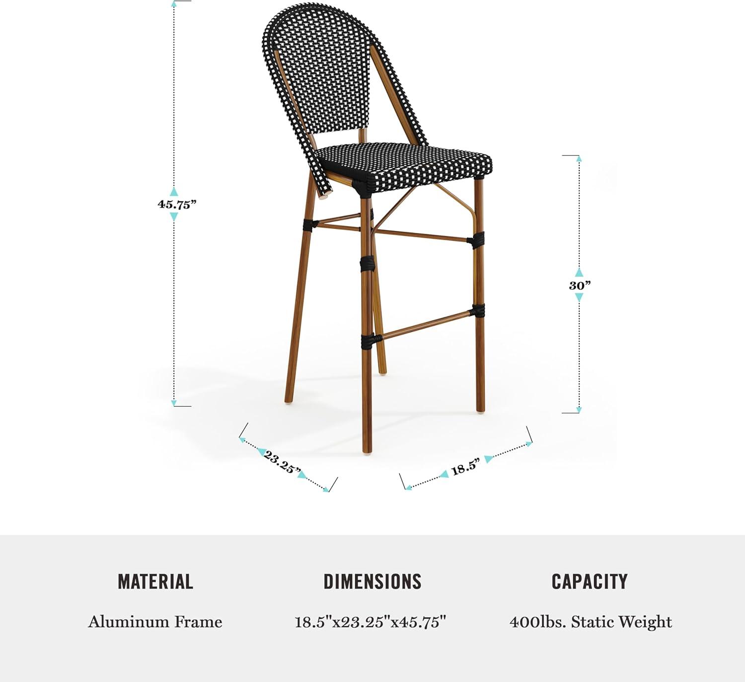 imageMartha Stewart Lily Pond IndoorOutdoor Stackable Bar Stools with Natural Woodgrain Aluminum Frame Finish WhiteNavy Woven Rattan Backrests and Seats Set of 2Black WhiteNatural Frame