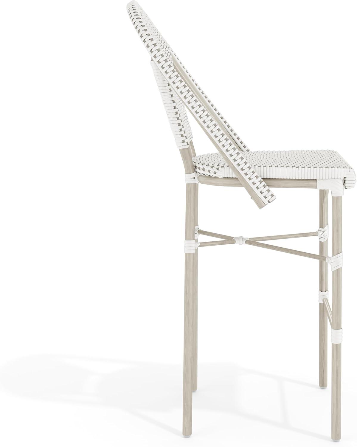 imageMartha Stewart Lily Pond IndoorOutdoor Stackable Bar Stools with Natural Woodgrain Aluminum Frame Finish WhiteNavy Woven Rattan Backrests and Seats Set of 2Gray WhiteGray Frame