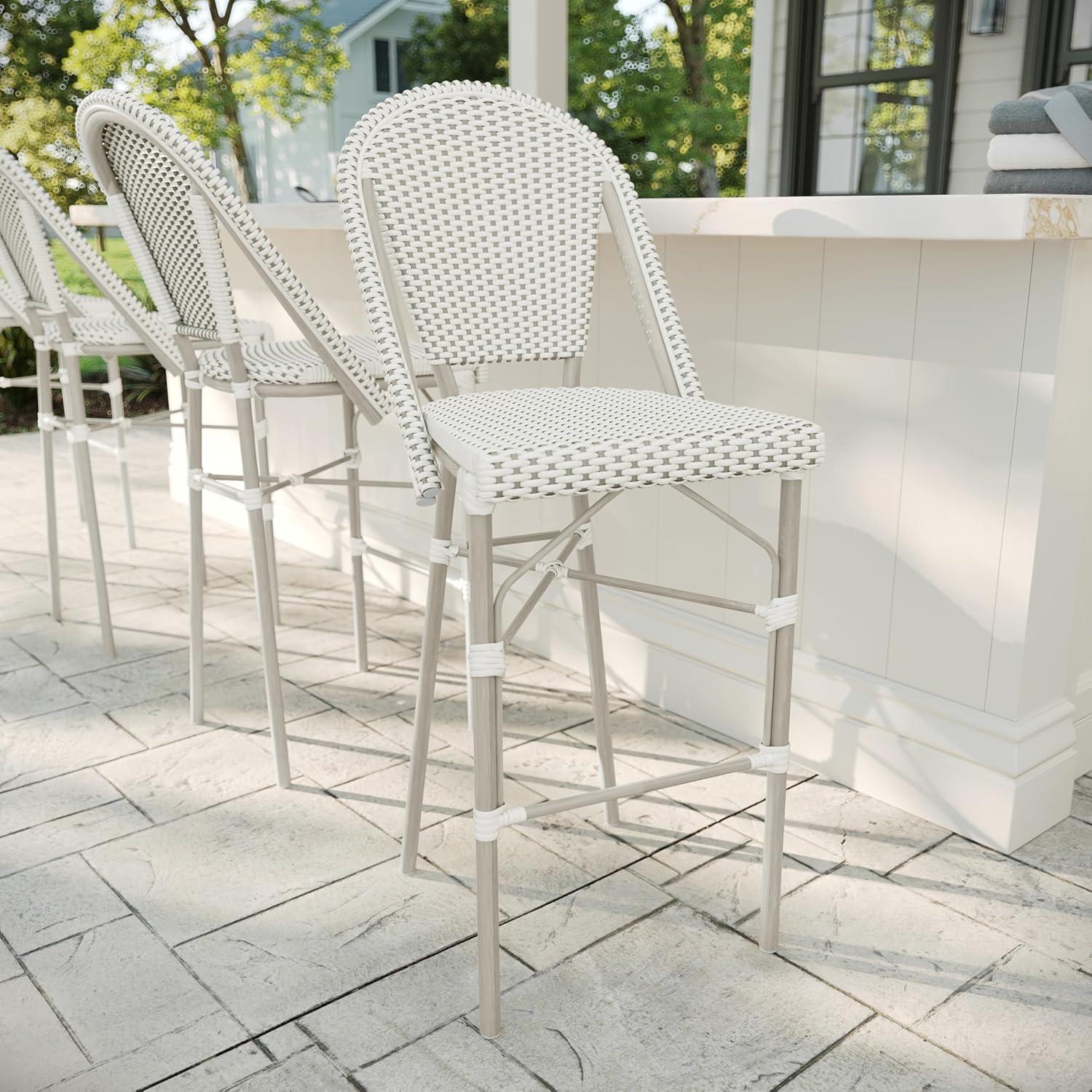 imageMartha Stewart Lily Pond IndoorOutdoor Stackable Bar Stools with Natural Woodgrain Aluminum Frame Finish WhiteNavy Woven Rattan Backrests and Seats Set of 2Gray WhiteGray Frame