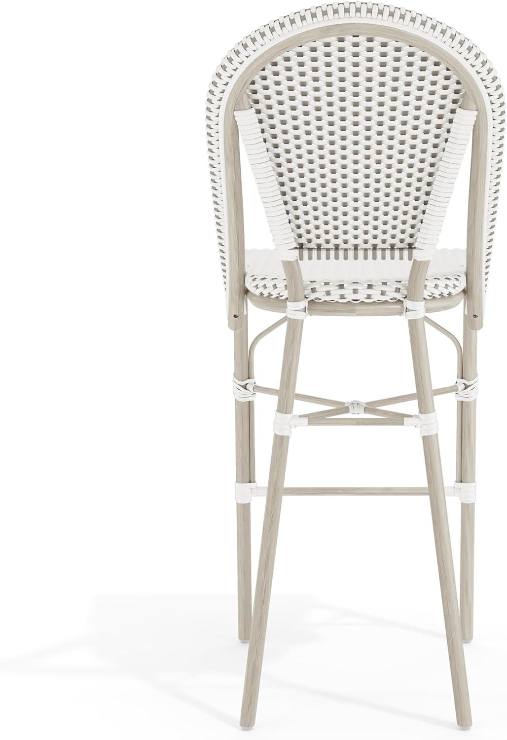 imageMartha Stewart Lily Pond IndoorOutdoor Stackable Bar Stools with Natural Woodgrain Aluminum Frame Finish WhiteNavy Woven Rattan Backrests and Seats Set of 2Gray WhiteGray Frame