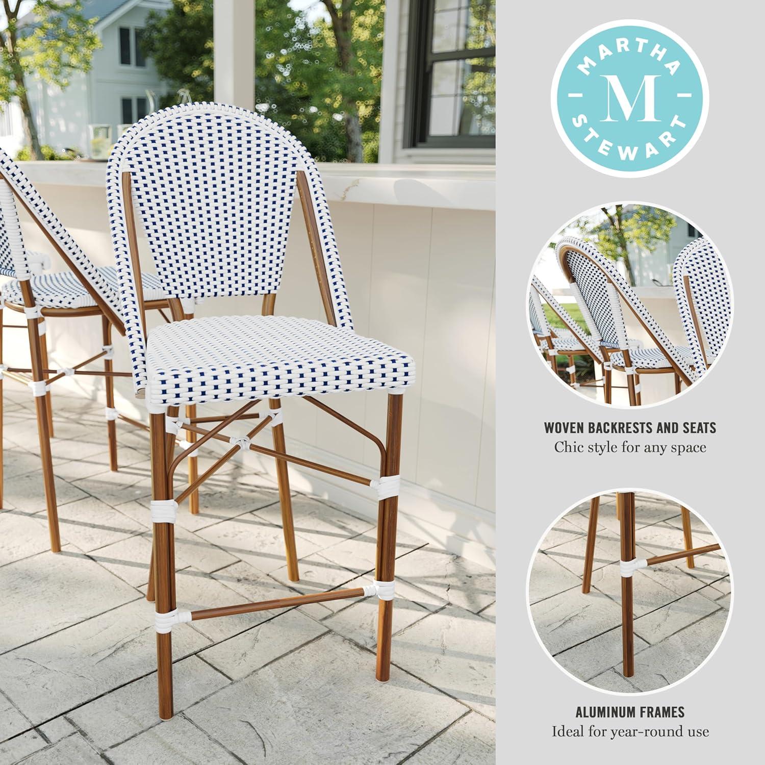 imageMartha Stewart Lily Pond IndoorOutdoor Stackable Counter Stool with Natural Woodgrain Aluminum Frame Finish and BlackWhite Woven Rattan Backrest and SeatNavy WhiteNatural Frame