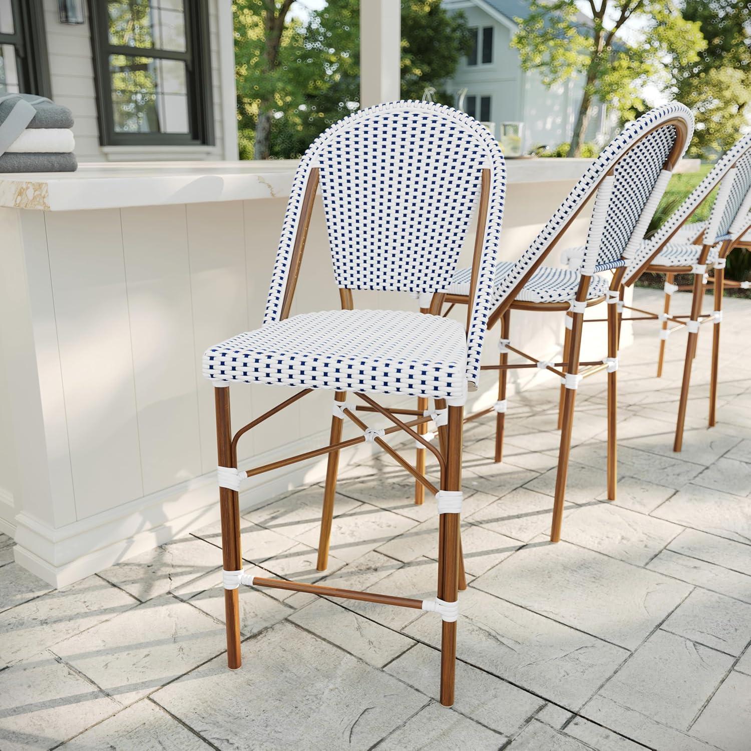 imageMartha Stewart Lily Pond IndoorOutdoor Stackable Counter Stool with Natural Woodgrain Aluminum Frame Finish and BlackWhite Woven Rattan Backrest and SeatNavy WhiteNatural Frame