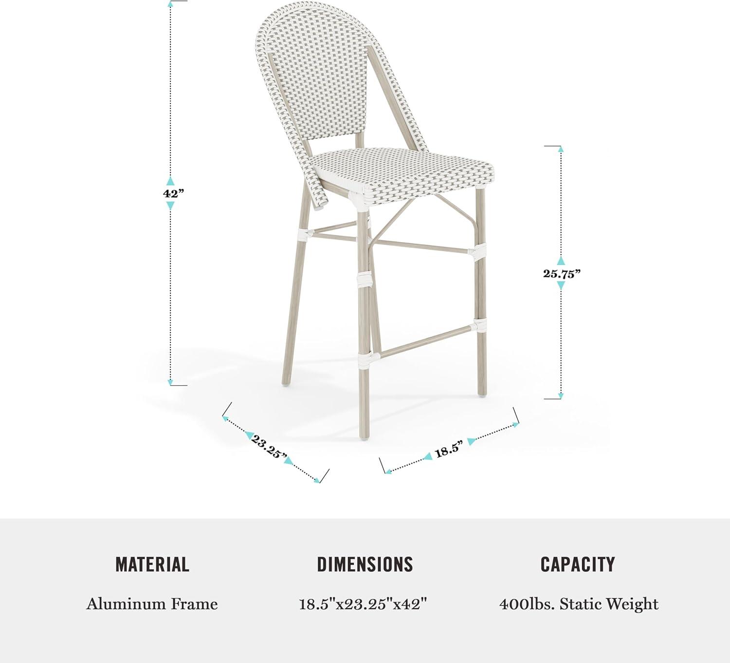 imageMartha Stewart Lily Pond IndoorOutdoor Stackable Counter Stool with Natural Woodgrain Aluminum Frame Finish and BlackWhite Woven Rattan Backrest and SeatGray WhiteGray Frame