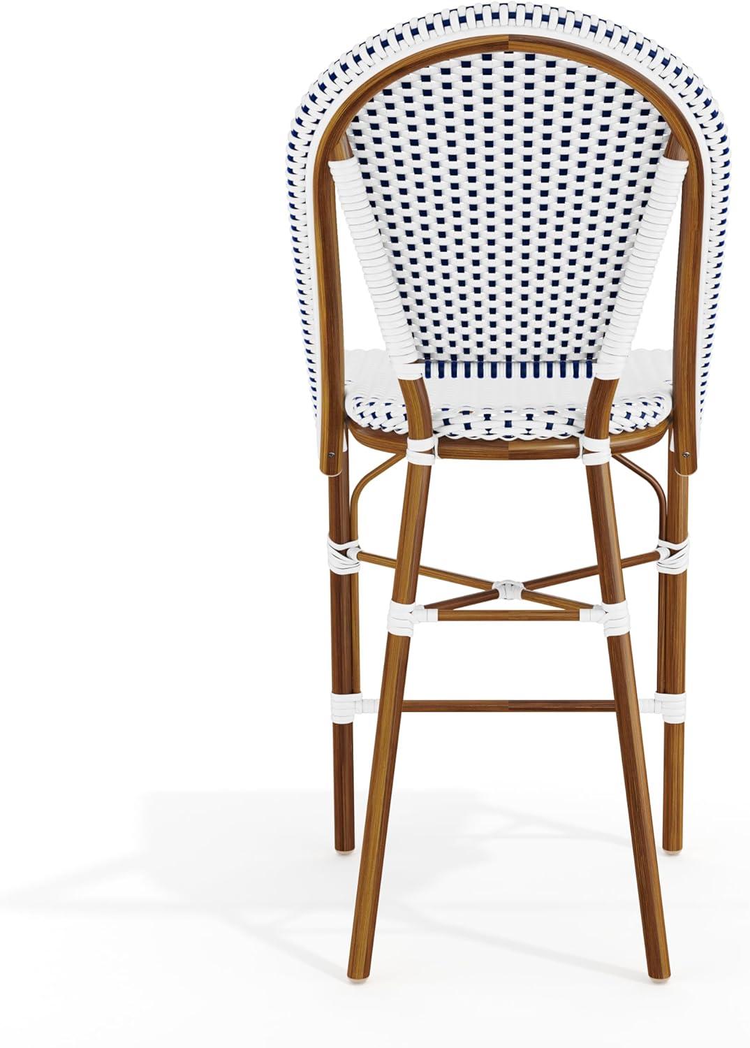imageMartha Stewart Lily Pond IndoorOutdoor Stackable Counter Stool with Natural Woodgrain Aluminum Frame Finish and BlackWhite Woven Rattan Backrest and SeatNavy WhiteNatural Frame