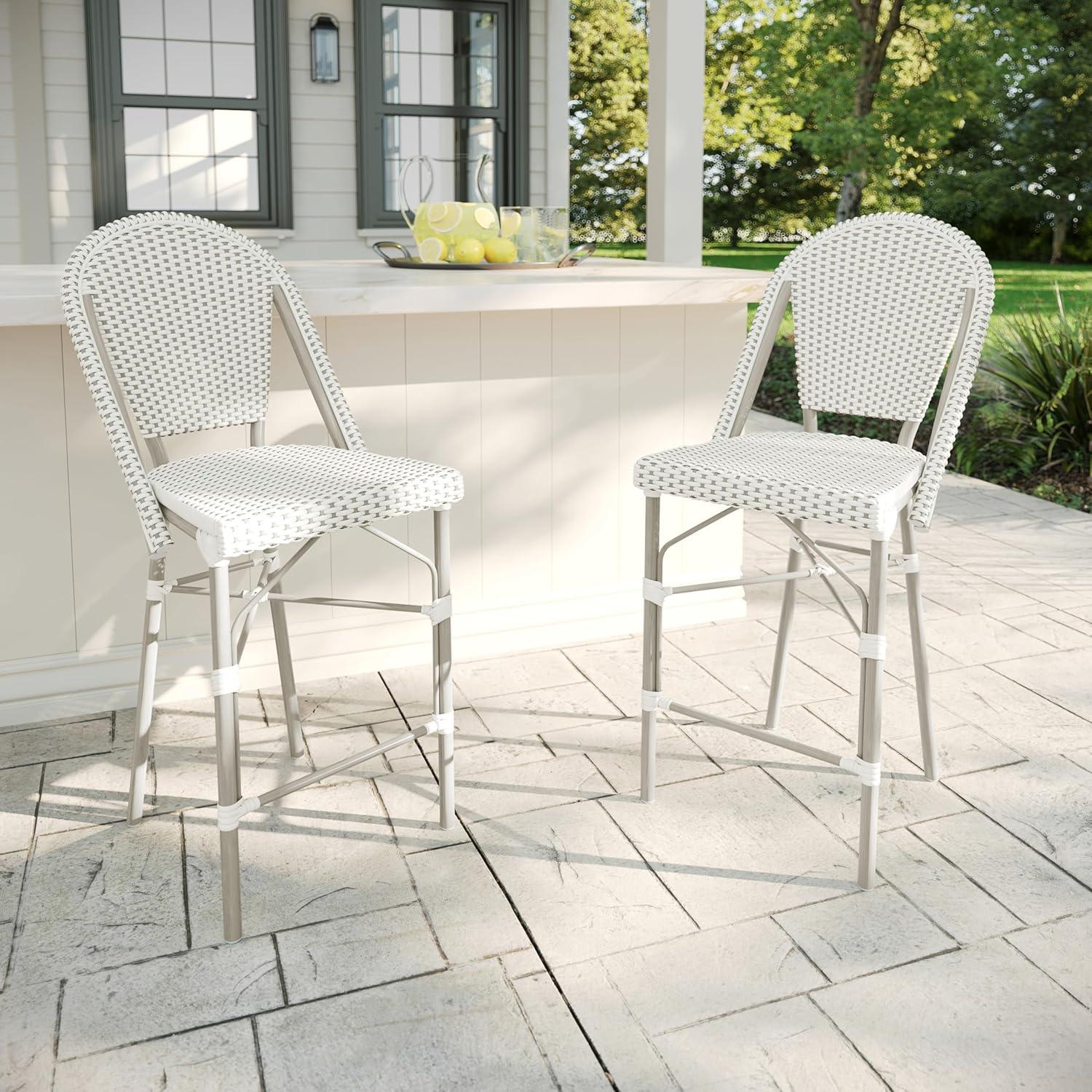 imageMartha Stewart Lily Pond IndoorOutdoor Stackable Counter Stool with Natural Woodgrain Aluminum Frame Finish and BlackWhite Woven Rattan Backrest and SeatGray WhiteGray Frame