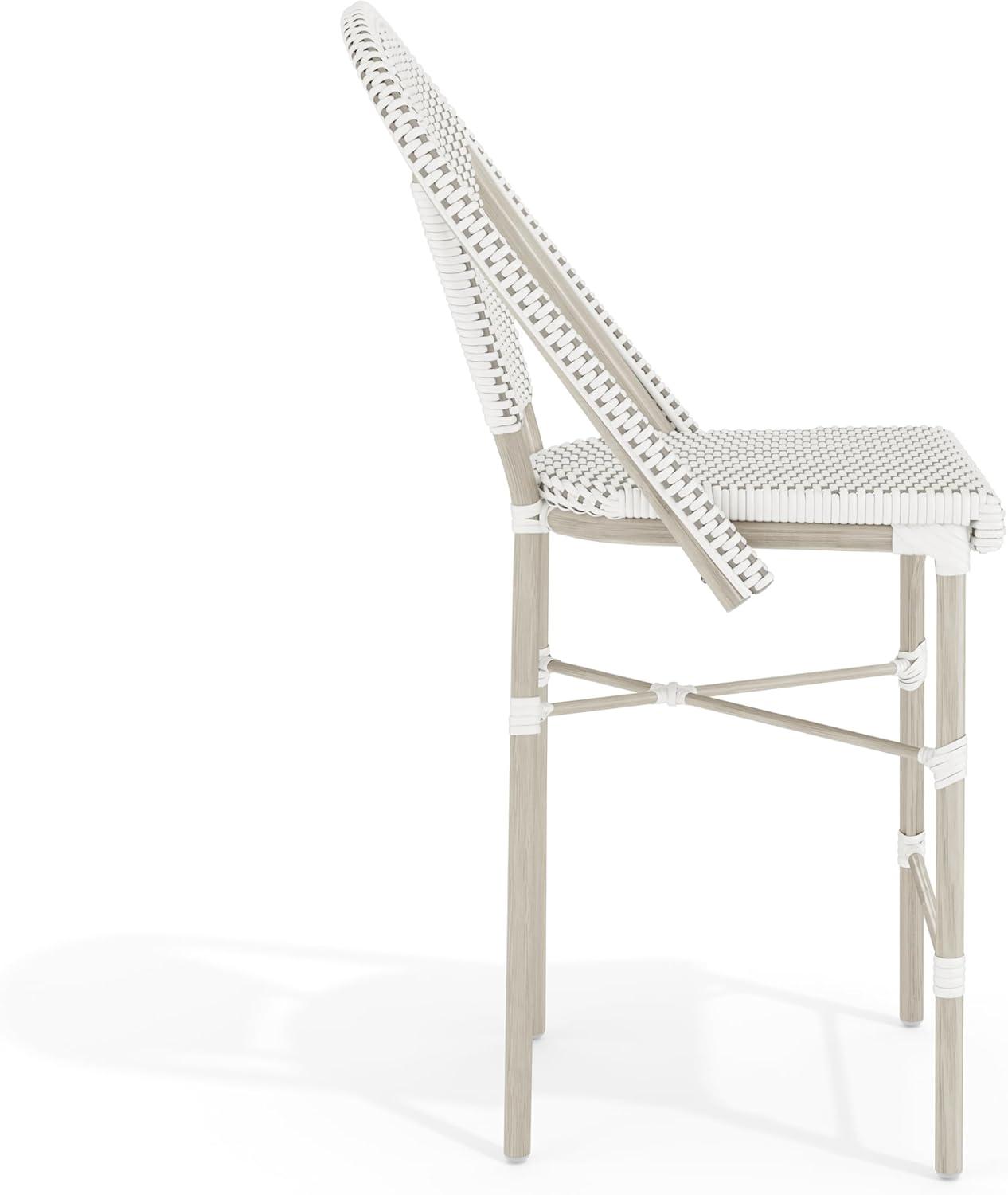 imageMartha Stewart Lily Pond IndoorOutdoor Stackable Counter Stool with Natural Woodgrain Aluminum Frame Finish and BlackWhite Woven Rattan Backrest and SeatGray WhiteGray Frame