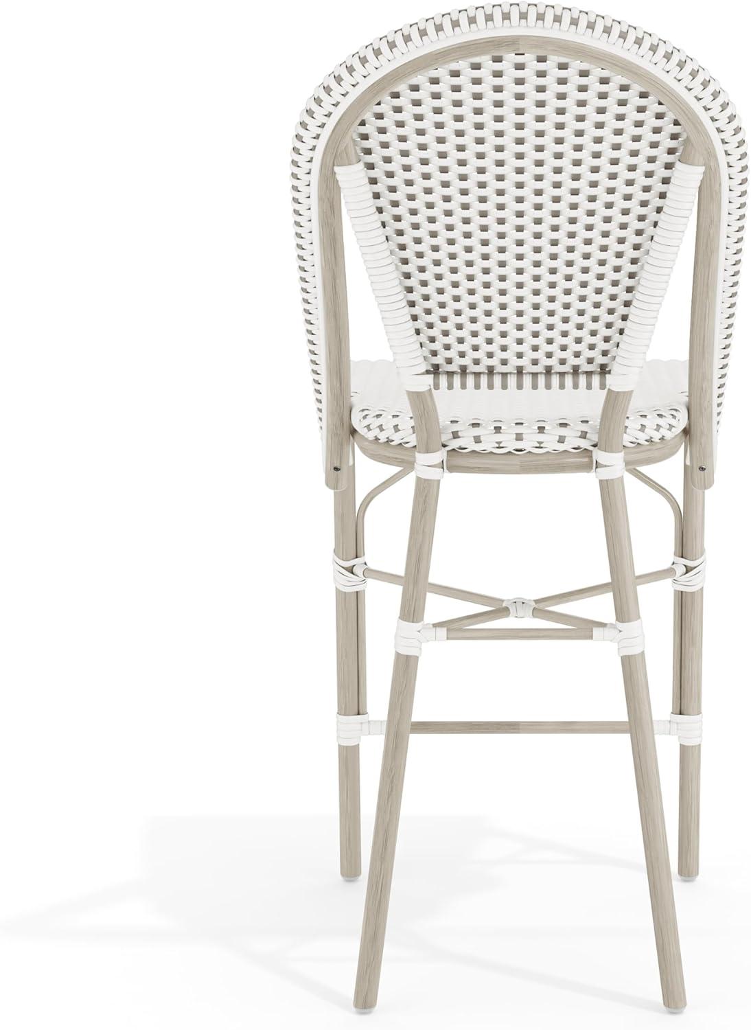 imageMartha Stewart Lily Pond IndoorOutdoor Stackable Counter Stool with Natural Woodgrain Aluminum Frame Finish and BlackWhite Woven Rattan Backrest and SeatGray WhiteGray Frame