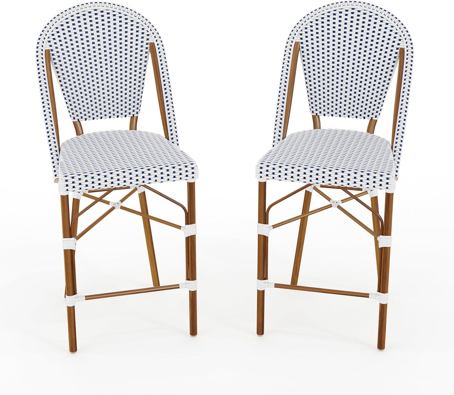 imageMartha Stewart Lily Pond IndoorOutdoor Stackable Counter Stool with Natural Woodgrain Aluminum Frame Finish and BlackWhite Woven Rattan Backrest and SeatNavy WhiteNatural Frame