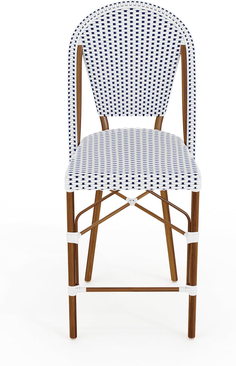 imageMartha Stewart Lily Pond IndoorOutdoor Stackable Counter Stool with Natural Woodgrain Aluminum Frame Finish and BlackWhite Woven Rattan Backrest and SeatNavy WhiteNatural Frame