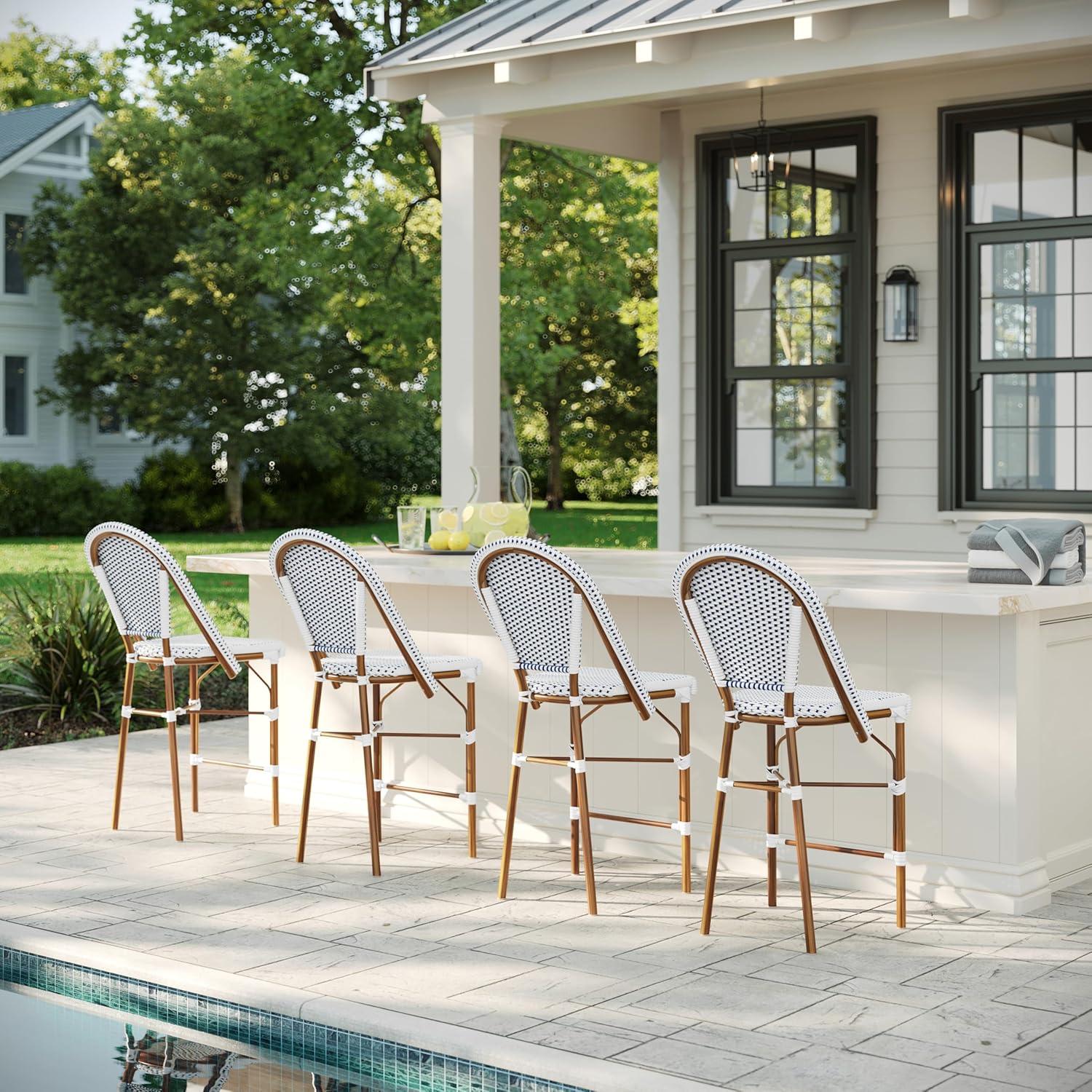 imageMartha Stewart Lily Pond IndoorOutdoor Stackable Counter Stool with Natural Woodgrain Aluminum Frame Finish and BlackWhite Woven Rattan Backrest and SeatNavy WhiteNatural Frame