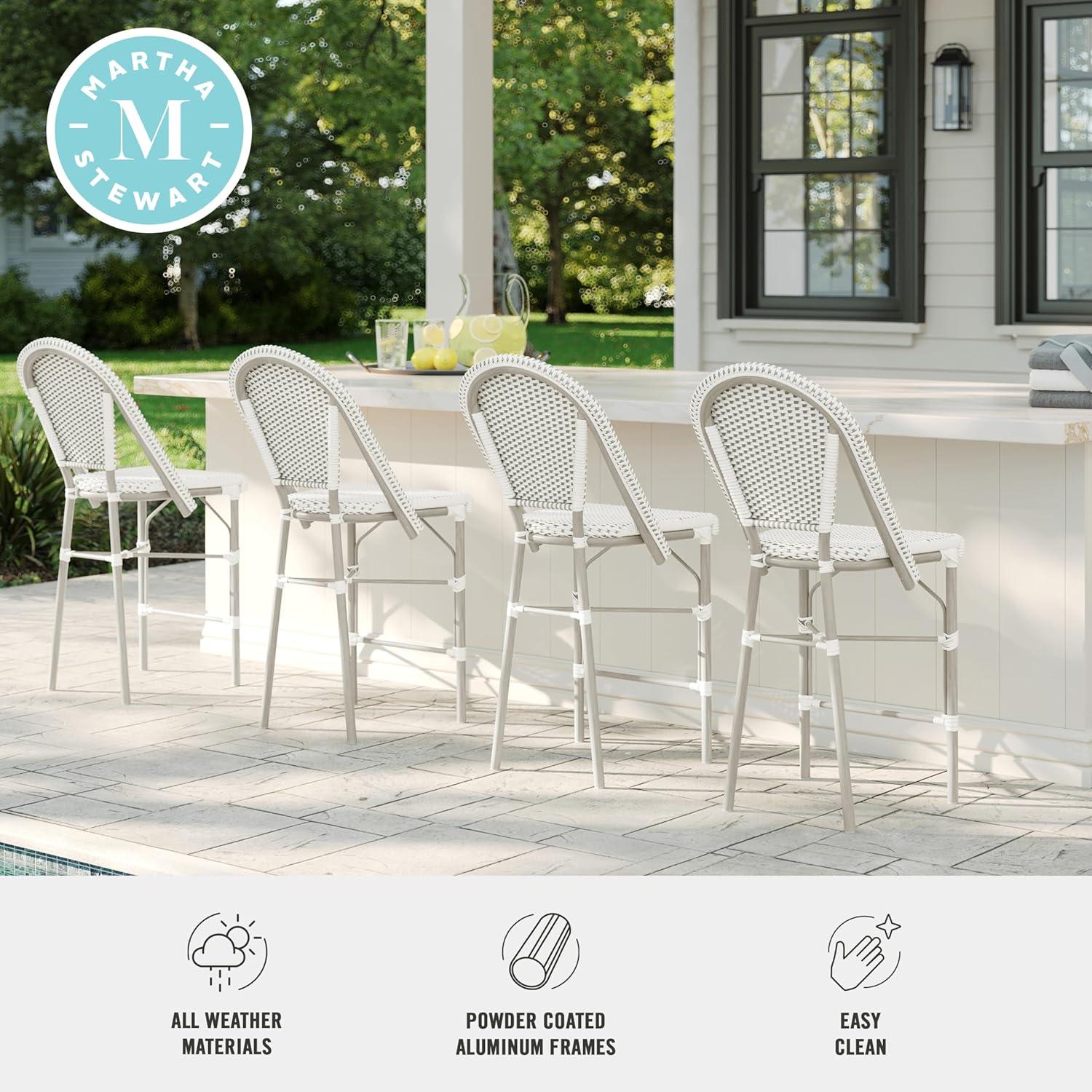 imageMartha Stewart Lily Pond IndoorOutdoor Stackable Counter Stool with Natural Woodgrain Aluminum Frame Finish and BlackWhite Woven Rattan Backrest and SeatGray WhiteGray Frame