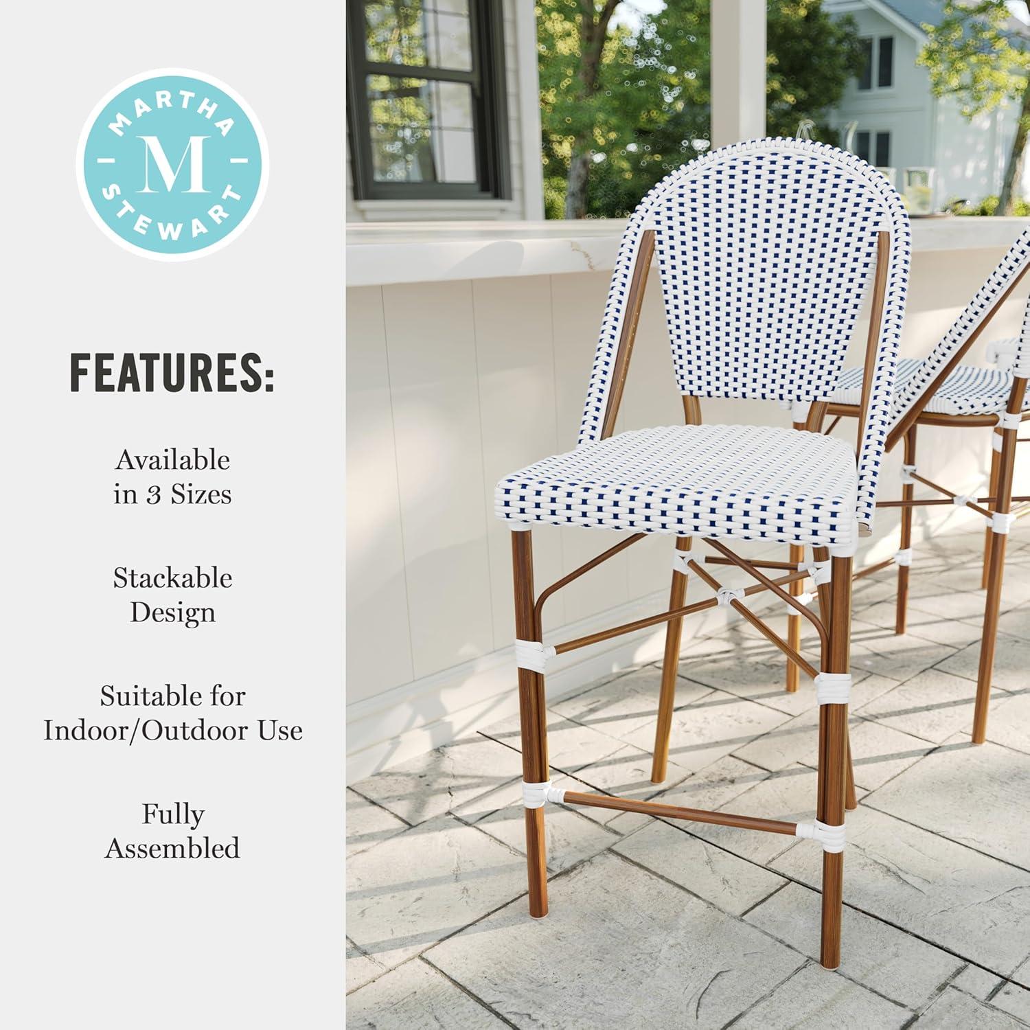imageMartha Stewart Lily Pond IndoorOutdoor Stackable Counter Stool with Natural Woodgrain Aluminum Frame Finish and BlackWhite Woven Rattan Backrest and SeatNavy WhiteNatural Frame