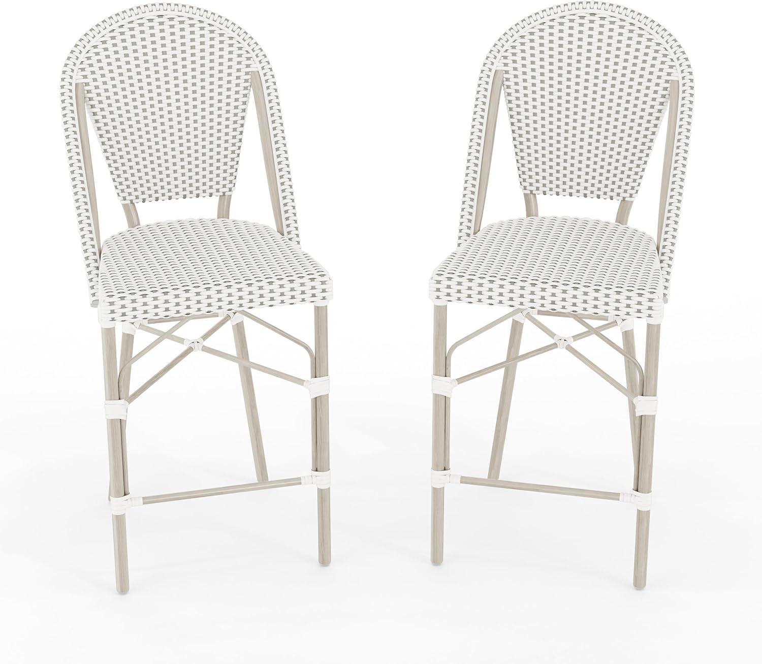 imageMartha Stewart Lily Pond IndoorOutdoor Stackable Counter Stool with Natural Woodgrain Aluminum Frame Finish and BlackWhite Woven Rattan Backrest and SeatGray WhiteGray Frame