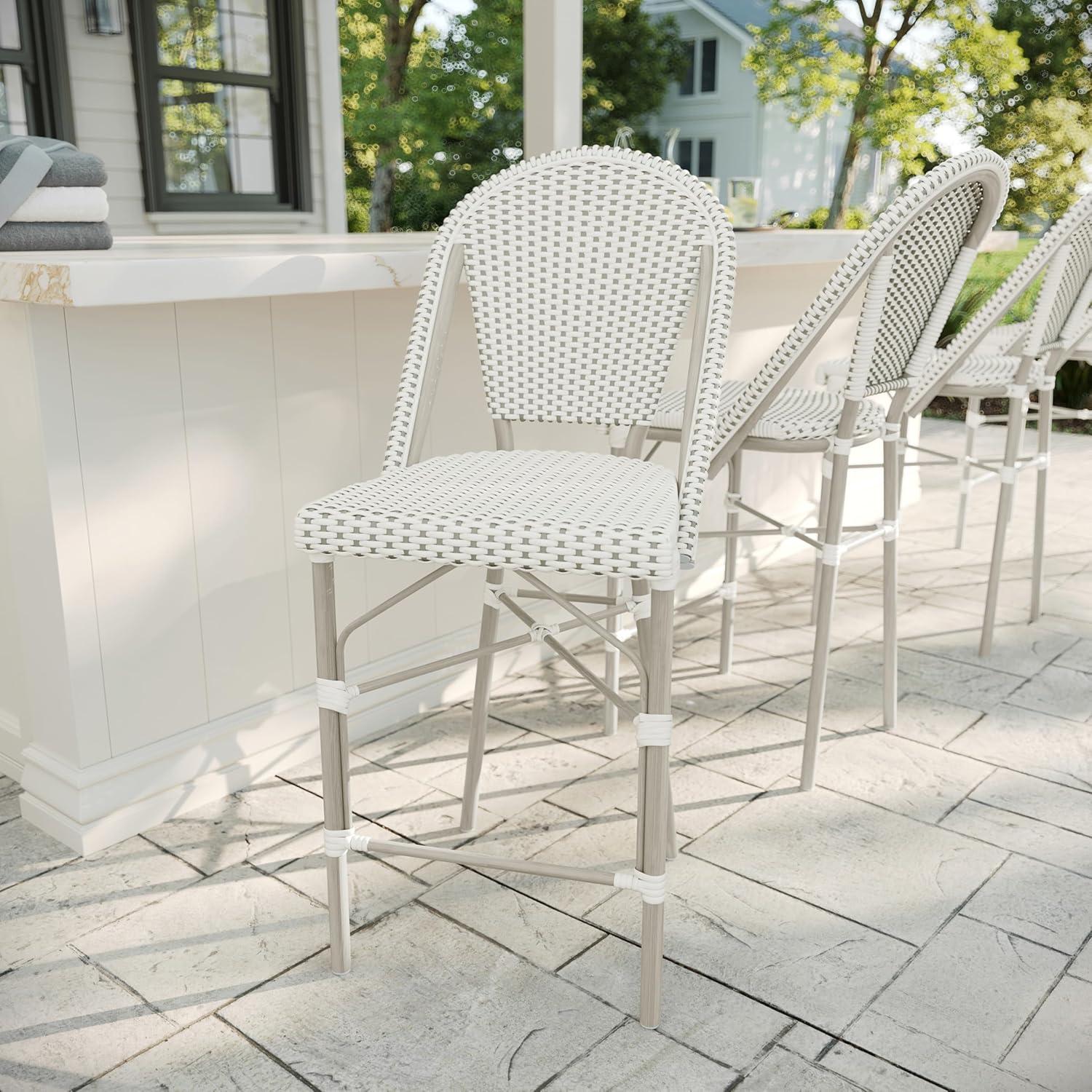 imageMartha Stewart Lily Pond IndoorOutdoor Stackable Counter Stool with Natural Woodgrain Aluminum Frame Finish and BlackWhite Woven Rattan Backrest and SeatGray WhiteGray Frame