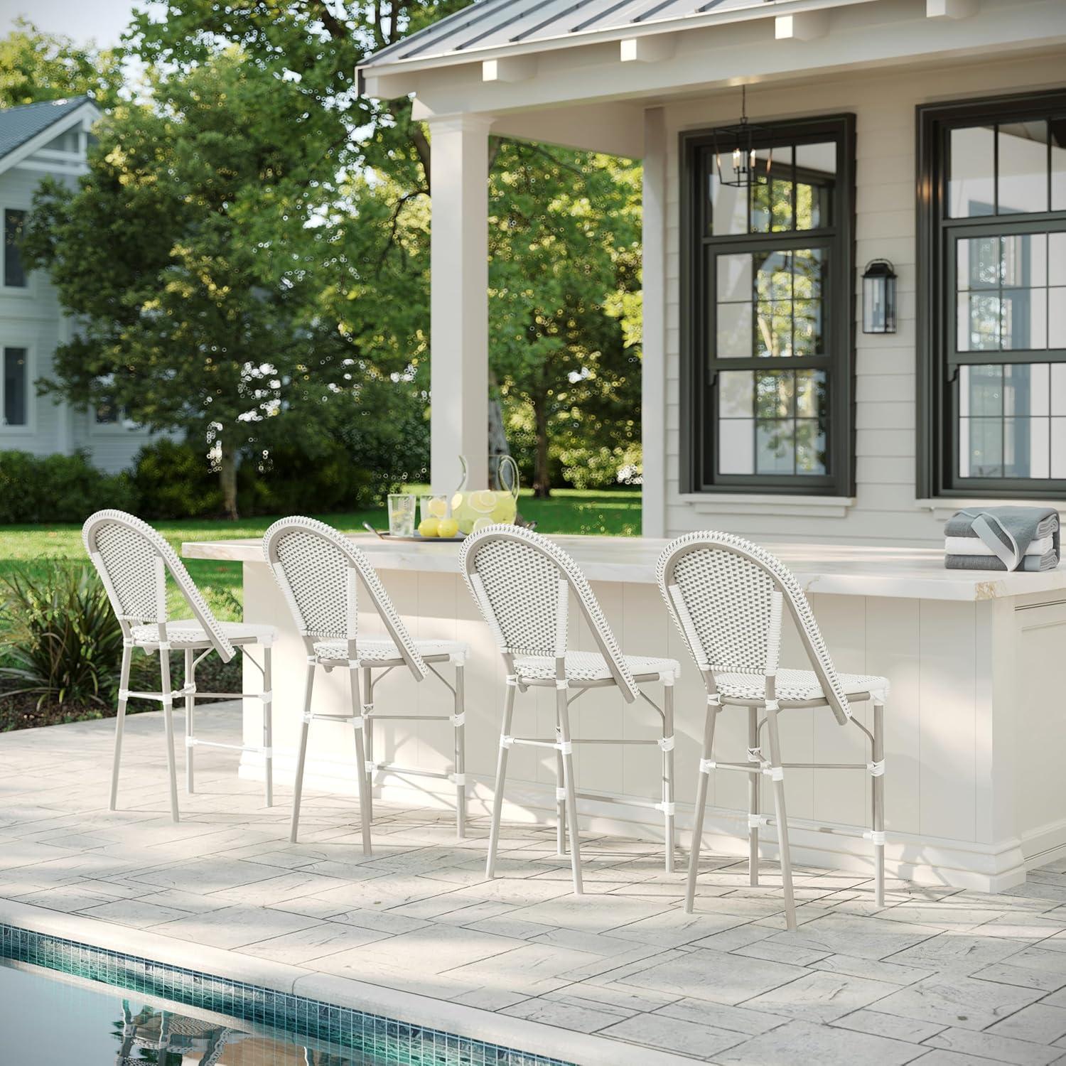 imageMartha Stewart Lily Pond IndoorOutdoor Stackable Counter Stool with Natural Woodgrain Aluminum Frame Finish and BlackWhite Woven Rattan Backrest and SeatGray WhiteGray Frame