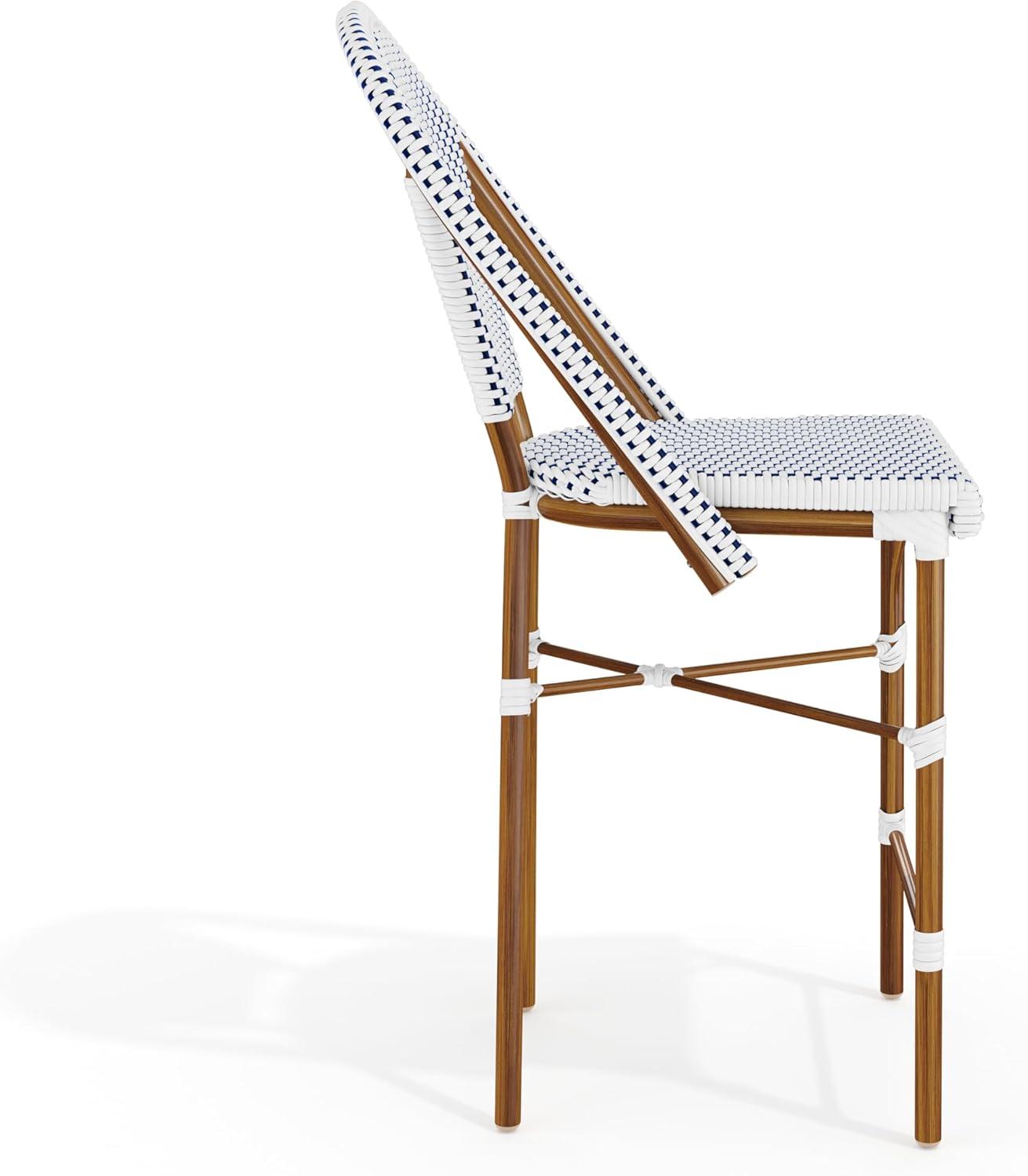 imageMartha Stewart Lily Pond IndoorOutdoor Stackable Counter Stool with Natural Woodgrain Aluminum Frame Finish and BlackWhite Woven Rattan Backrest and SeatNavy WhiteNatural Frame