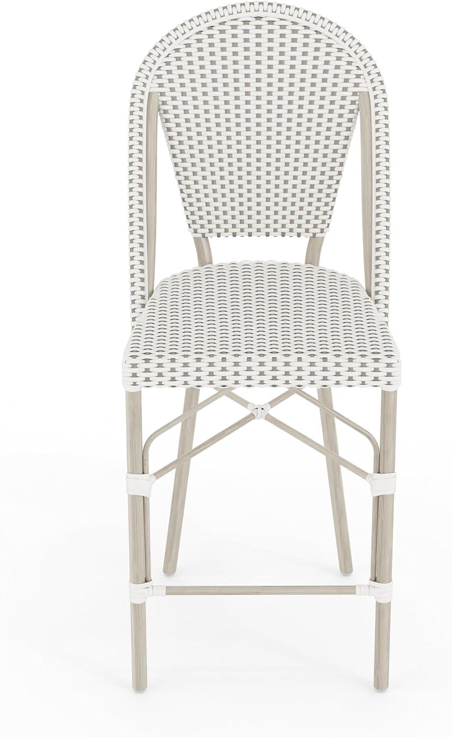 imageMartha Stewart Lily Pond IndoorOutdoor Stackable Counter Stool with Natural Woodgrain Aluminum Frame Finish and BlackWhite Woven Rattan Backrest and SeatGray WhiteGray Frame