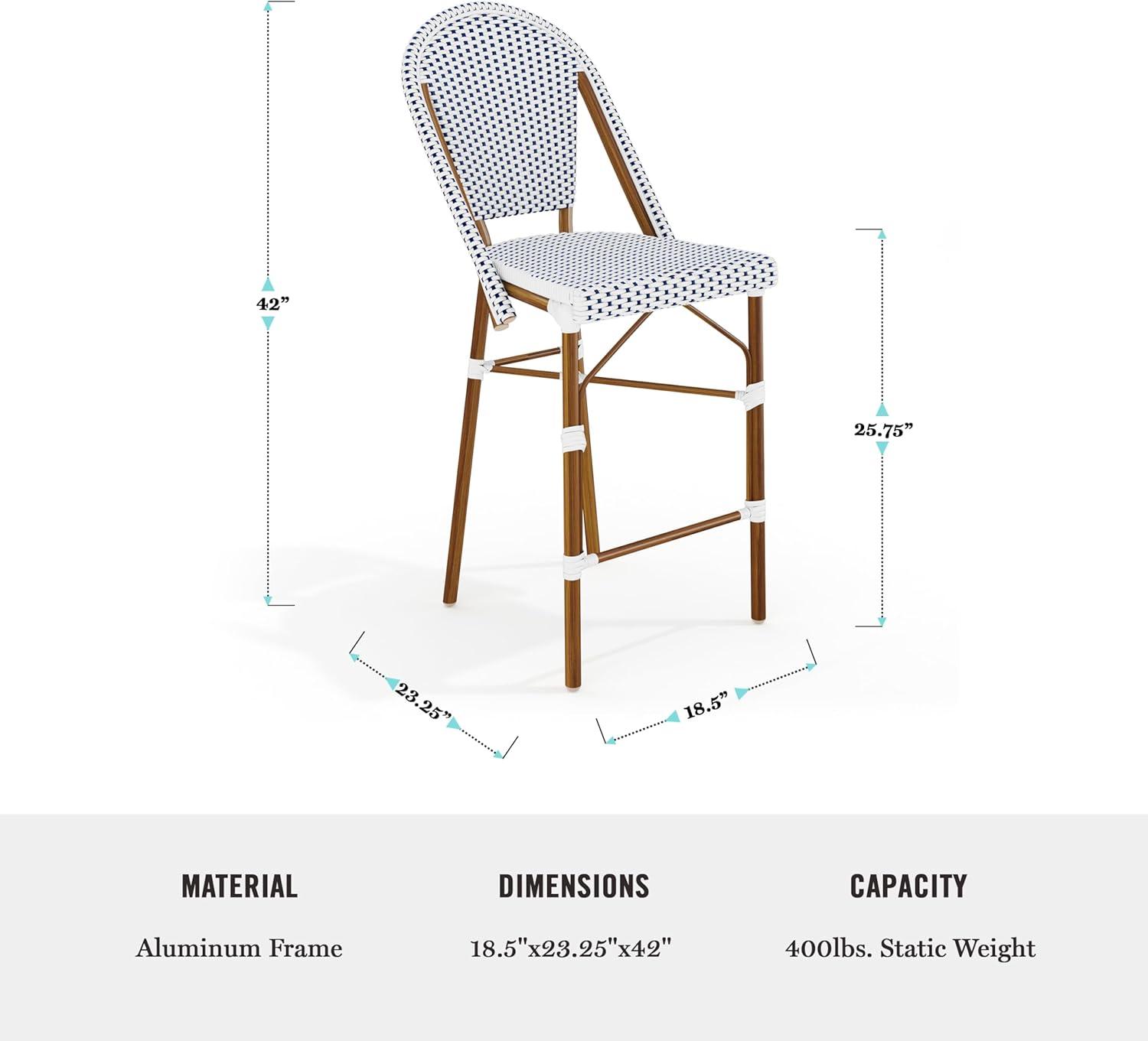 imageMartha Stewart Lily Pond IndoorOutdoor Stackable Counter Stool with Natural Woodgrain Aluminum Frame Finish and BlackWhite Woven Rattan Backrest and SeatNavy WhiteNatural Frame