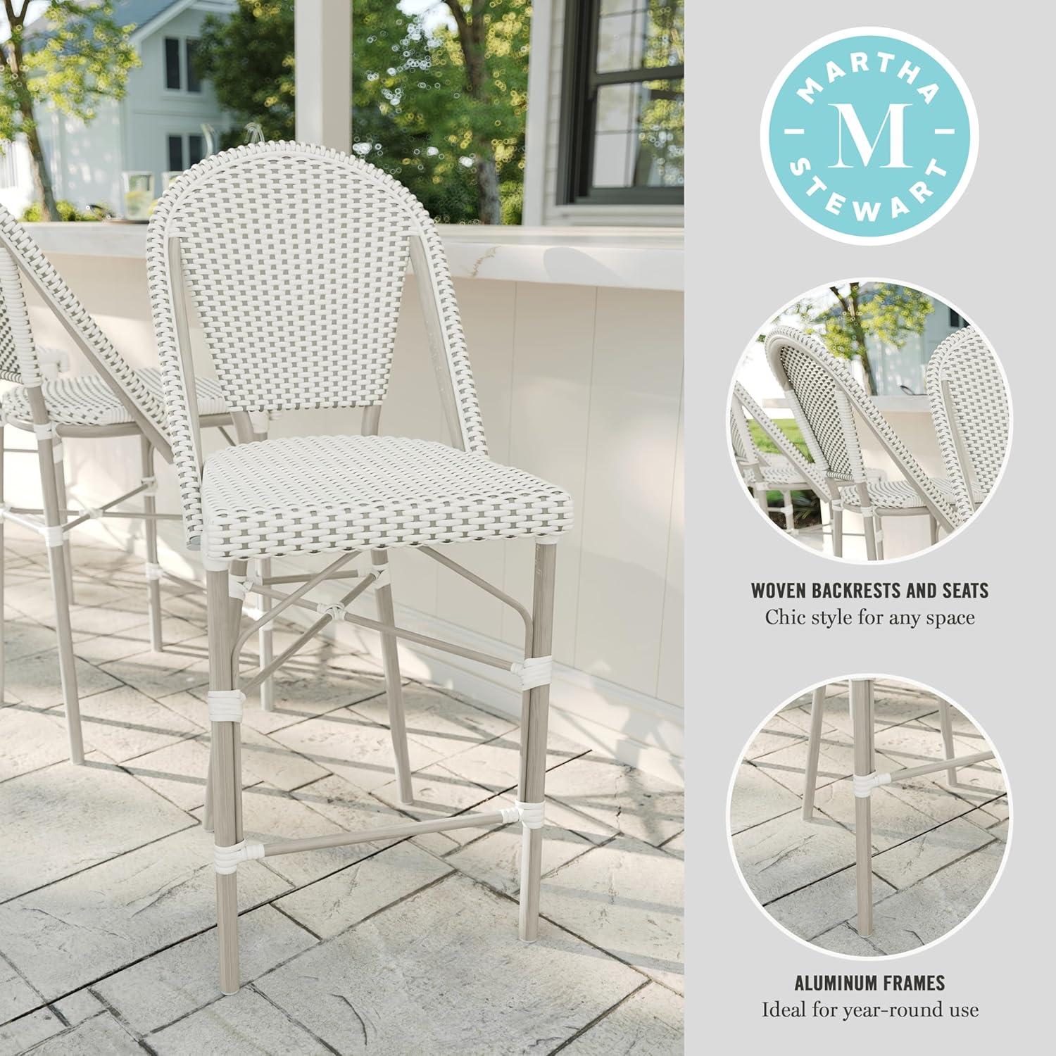 imageMartha Stewart Lily Pond IndoorOutdoor Stackable Counter Stool with Natural Woodgrain Aluminum Frame Finish and BlackWhite Woven Rattan Backrest and SeatGray WhiteGray Frame