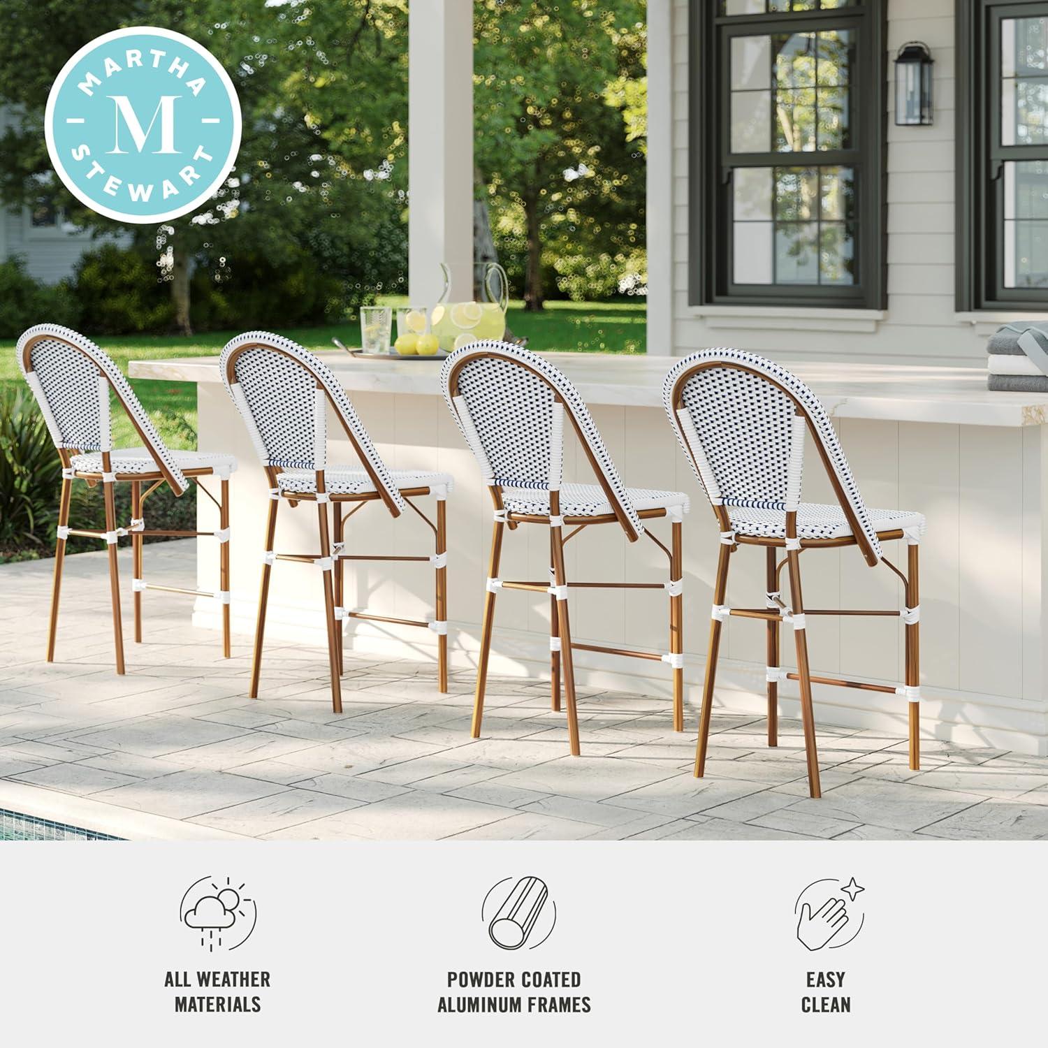 imageMartha Stewart Lily Pond IndoorOutdoor Stackable Counter Stool with Natural Woodgrain Aluminum Frame Finish and BlackWhite Woven Rattan Backrest and SeatNavy WhiteNatural Frame