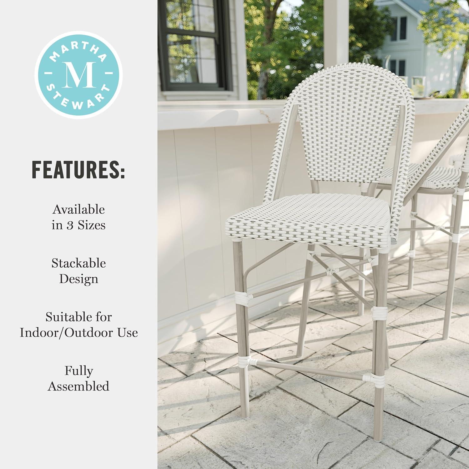 imageMartha Stewart Lily Pond IndoorOutdoor Stackable Counter Stool with Natural Woodgrain Aluminum Frame Finish and BlackWhite Woven Rattan Backrest and SeatGray WhiteGray Frame