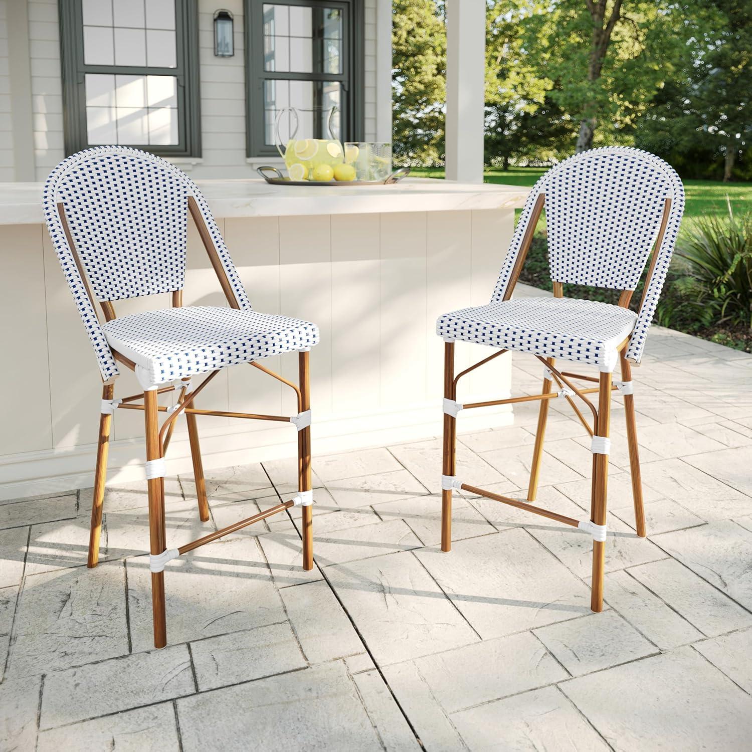 imageMartha Stewart Lily Pond IndoorOutdoor Stackable Counter Stool with Natural Woodgrain Aluminum Frame Finish and BlackWhite Woven Rattan Backrest and SeatNavy WhiteNatural Frame
