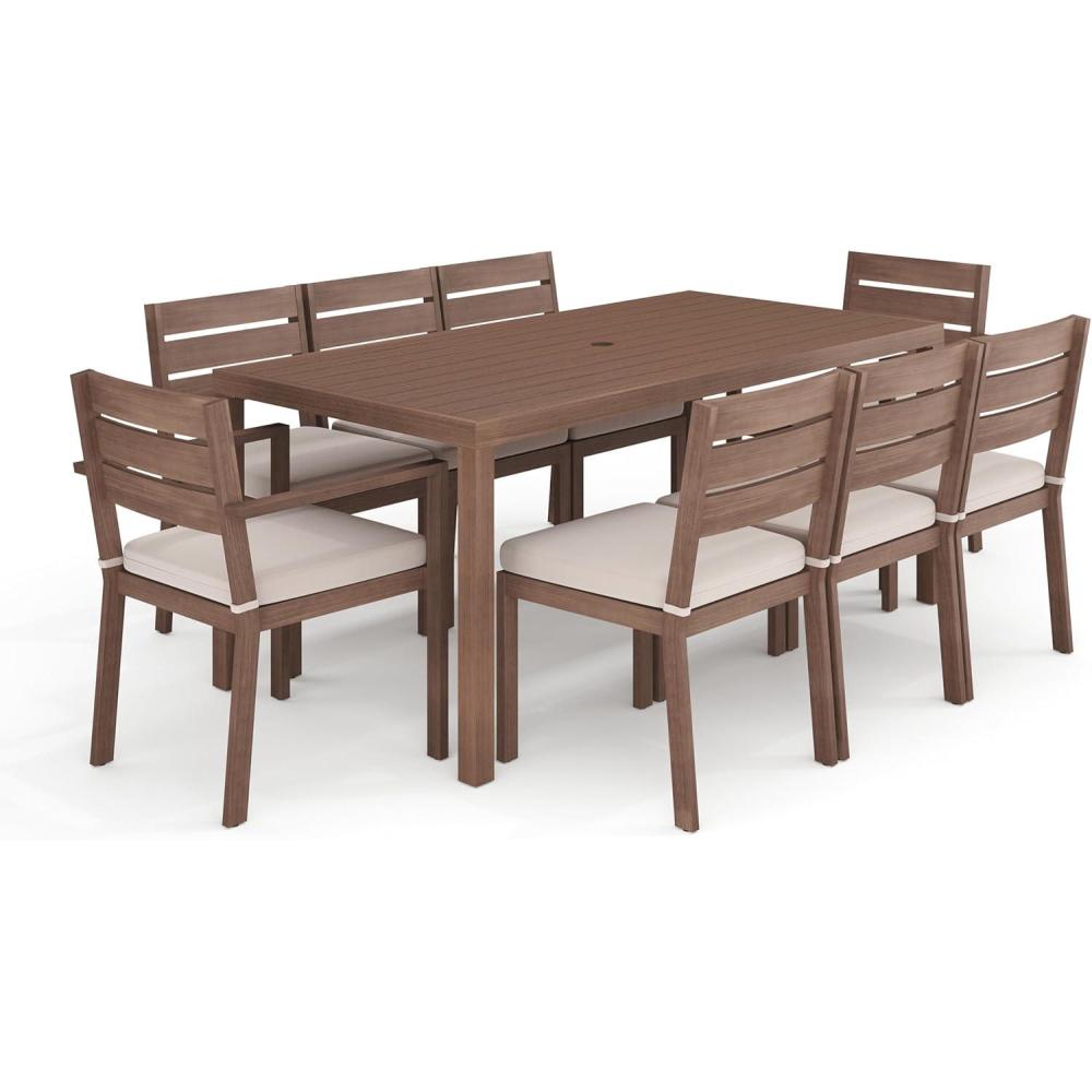 imageMartha Stewart Bedford 9 Piece Patio Set with 71 Table and 8 Stackable Chairs with Brown Brushed Woodgrain Aluminum Finish Cream AllWeather Seat Cushions