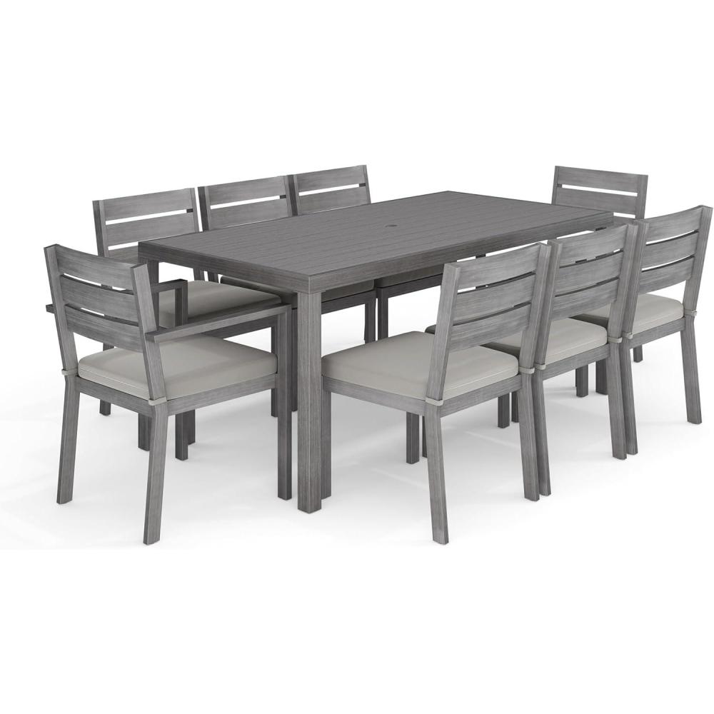 imageMartha Stewart Bedford 9 Piece Patio Set with 71 Table and 8 Stackable Chairs with Gray Brushed Woodgrain Aluminum Finish Gray AllWeather Seat Cushions