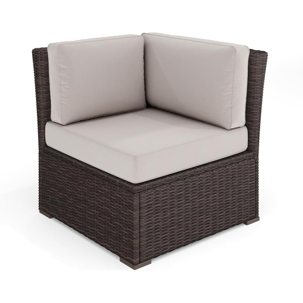 imageMartha Stewart Bedford IndoorOutdoor Modular Patio Sectional Sofa Center Seat with Rattan Wicker Finish in Gray with Gray AllWeather CushionsTan CushionsBrown Frame