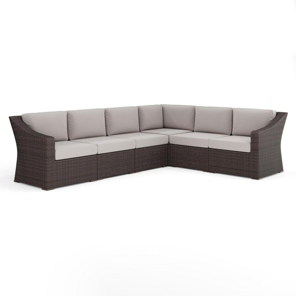 imageMartha Stewart Bedford IndoorOutdoor Modular Patio Sectional Sofa for 6 with Rattan Wicker Finish in Brown with Tan AllWeather CushionsTan CushionsBrown Frame