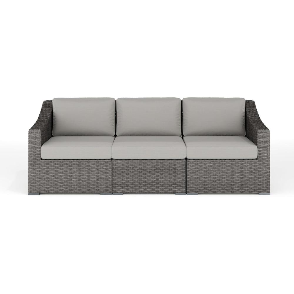 imageMartha Stewart Bedford IndoorOutdoor Modular Patio Sofa for 3 with Rattan Wicker Finish in Brown with Tan AllWeather CushionsGray CushionsGray Frame