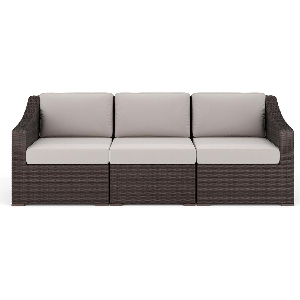 imageMartha Stewart Bedford IndoorOutdoor Modular Patio Sofa for 3 with Rattan Wicker Finish in Brown with Tan AllWeather CushionsTan CushionsBrown Frame