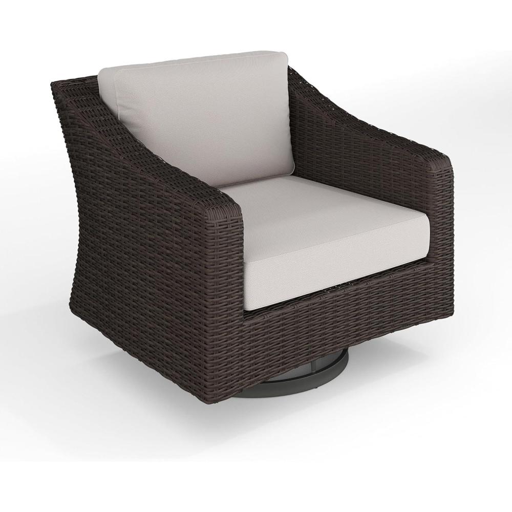 imageMartha Stewart Bedford IndoorOutdoor Patio Chair with 360 Swivel Functionality and Rattan Wicker Finish in Brown with Tan AllWeather Cushions