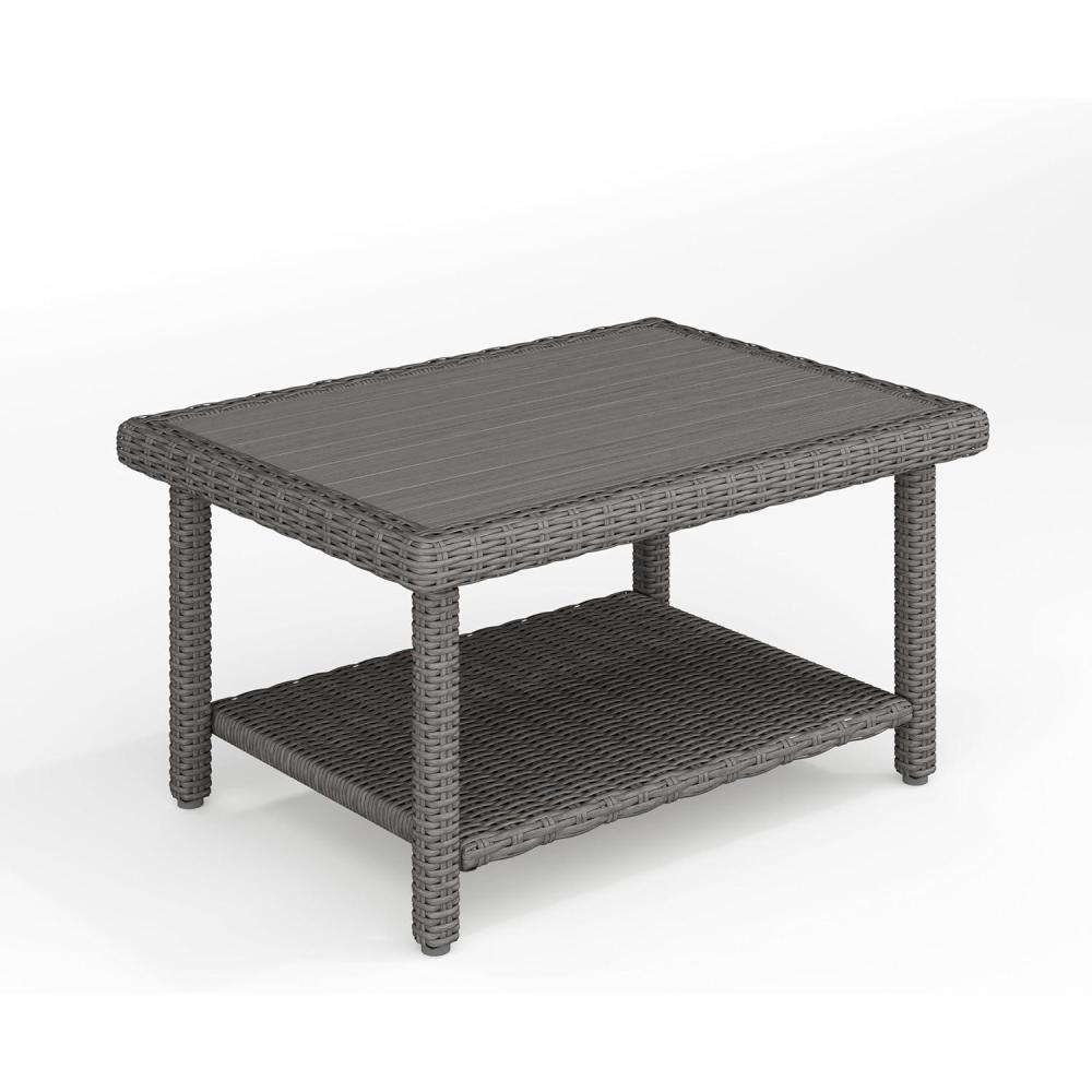 imageMartha Stewart Bedford IndoorOutdoor Patio Coffee Table with Lower Shelf Faux Wood Top and Rattan Wicker Finish in BrownGrey