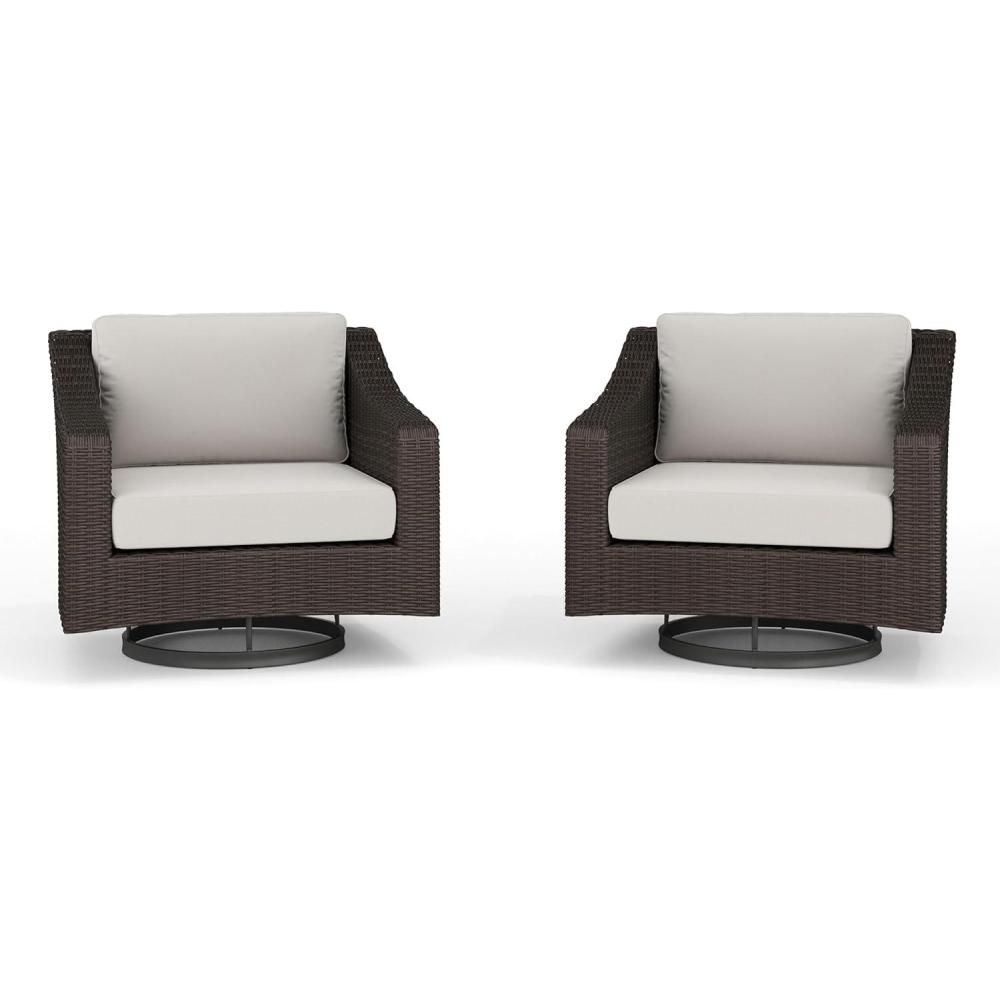 imageMartha Stewart Bedford Set of 2 IndoorOutdoor Patio Chairs with 360 Swivel Functionality and Rattan Wicker Finish in Brown with Tan AllWeather CushionsTan CushionsBrown Frame