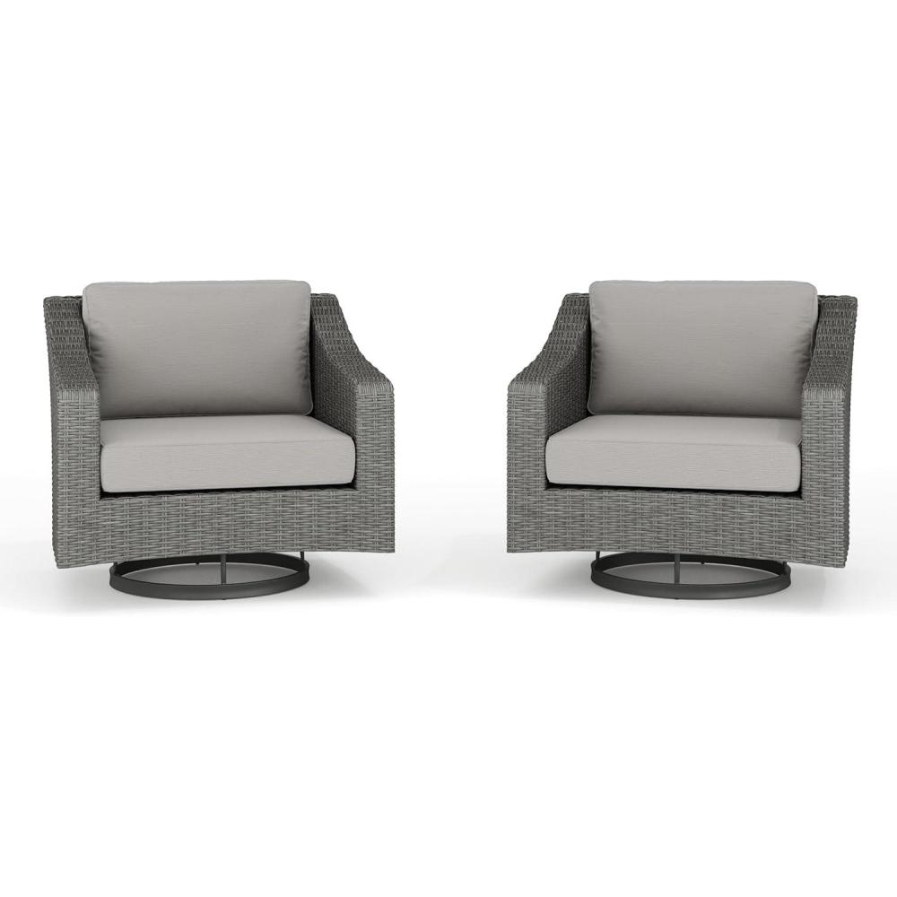 imageMartha Stewart Bedford Set of 2 IndoorOutdoor Patio Chairs with 360 Swivel Functionality and Rattan Wicker Finish in Brown with Tan AllWeather CushionsGray CushionsGray Frame