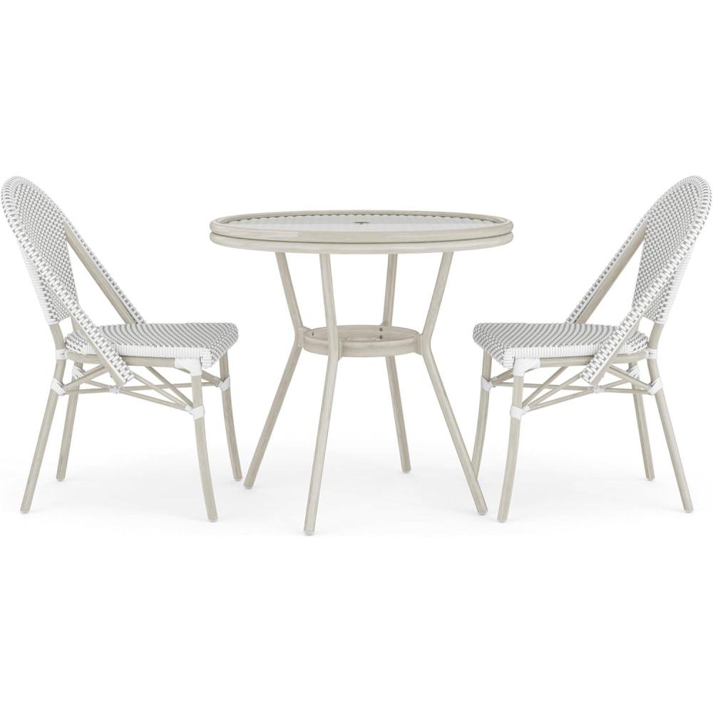 imageMartha Stewart Lily Pond 3 Piece IndoorOutdoor Gray and White Woven Rattan Bistro Set with Gray Woodgrain Aluminum Frames and Tempered Glass TabletopGray WhiteGray Frame