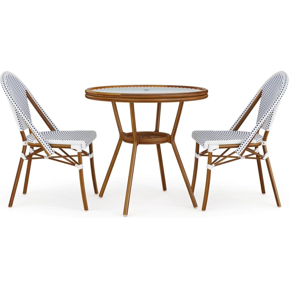 imageMartha Stewart Lily Pond 3 Piece IndoorOutdoor Gray and White Woven Rattan Bistro Set with Gray Woodgrain Aluminum Frames and Tempered Glass TabletopNavy WhiteNatural Frame