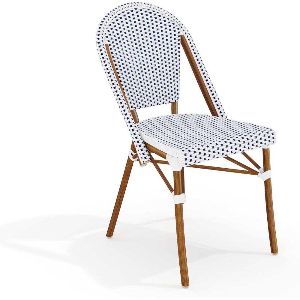 imageMartha Stewart Lily Pond IndoorOutdoor Stackable Aluminum Bistro Chair with Natural Woodgrain Frame Finish and WhiteNavy Woven Rattan Backrest and SeatNavy WhiteNatural Frame