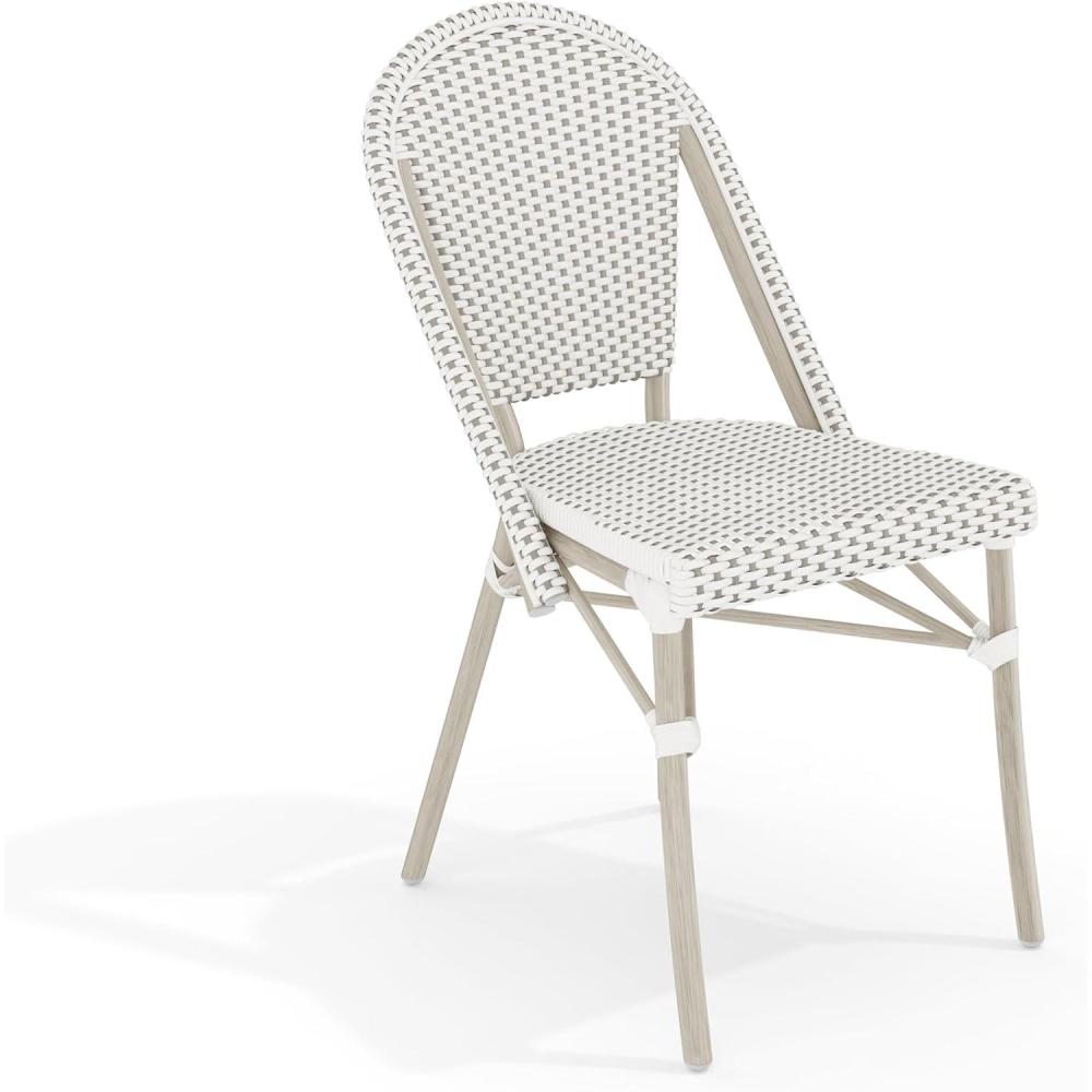 imageMartha Stewart Lily Pond IndoorOutdoor Stackable Aluminum Bistro Chair with Natural Woodgrain Frame Finish and WhiteNavy Woven Rattan Backrest and SeatGray WhiteGray Frame