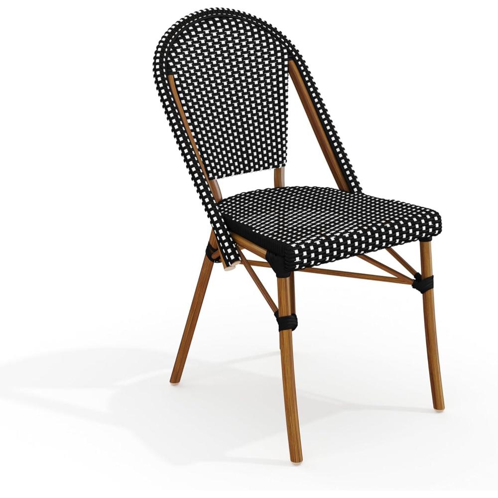 imageMartha Stewart Lily Pond IndoorOutdoor Stackable Aluminum Bistro Chair with Natural Woodgrain Frame Finish and WhiteNavy Woven Rattan Backrest and SeatBlack WhiteNatural Frame
