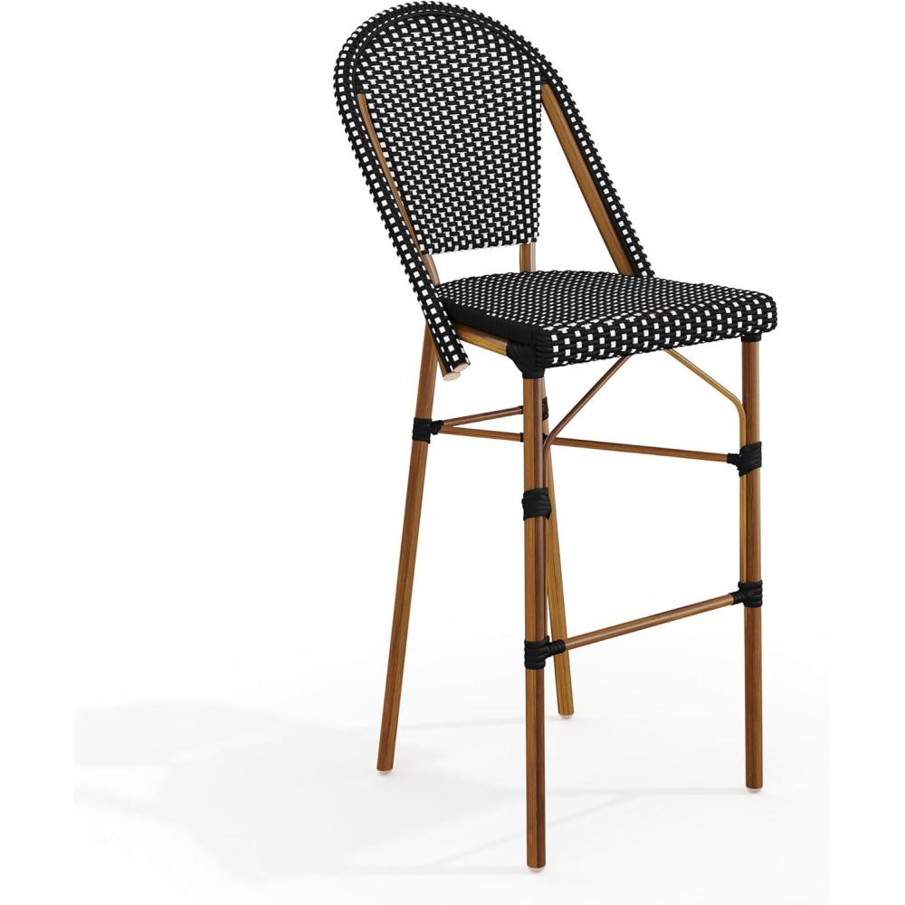 imageMartha Stewart Lily Pond IndoorOutdoor Stackable Bar Stools with Natural Woodgrain Aluminum Frame Finish WhiteNavy Woven Rattan Backrests and Seats Set of 2Black WhiteNatural Frame