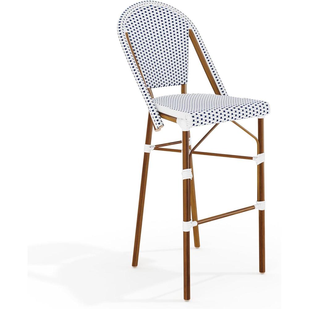 imageMartha Stewart Lily Pond IndoorOutdoor Stackable Bar Stools with Natural Woodgrain Aluminum Frame Finish WhiteNavy Woven Rattan Backrests and Seats Set of 2Navy  WhiteNatural Frame